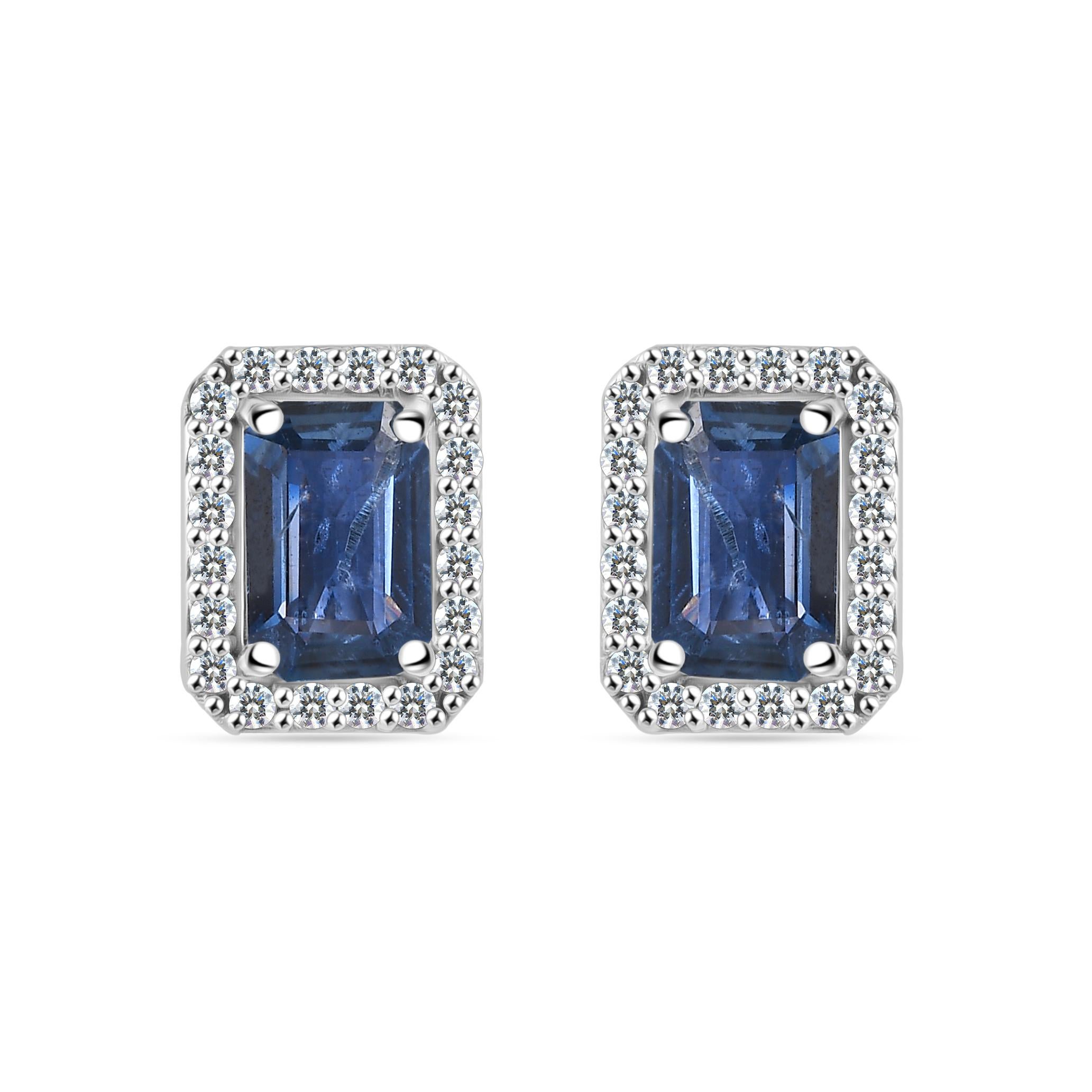 Orecchini a perno minimalisti con diamante e zaffiro blu realizzati in oro bianco 14k in vendita 3