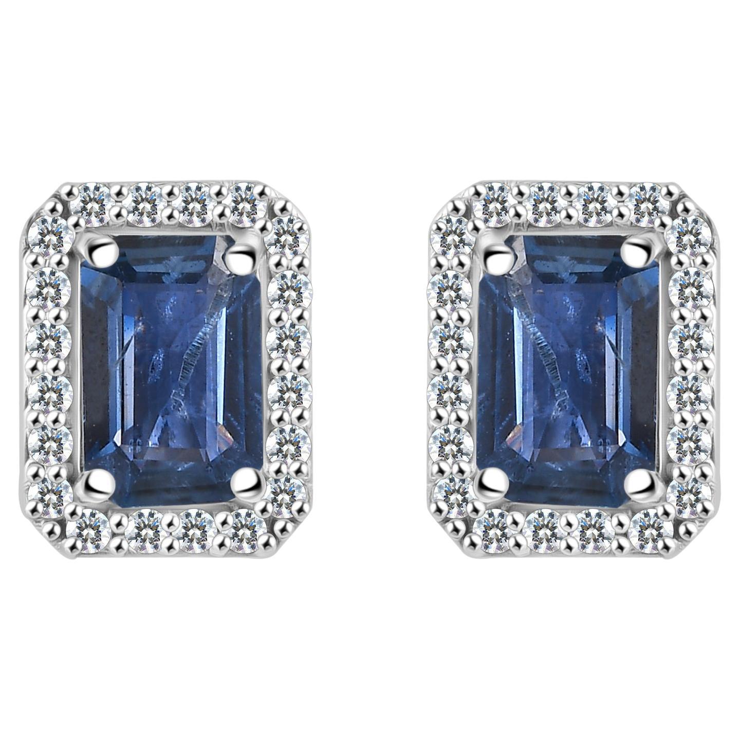 Pendientes minimalistas de zafiro azul con halo de diamantes, de oro blanco de 14k