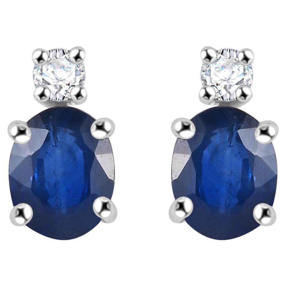 Minimalist Blue Sapphire Diamond Stud Earrings Gift for Her in 14k White Gold