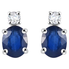 Minimalist Blue Sapphire Diamond Stud Earrings Gift for Her in 14k White Gold