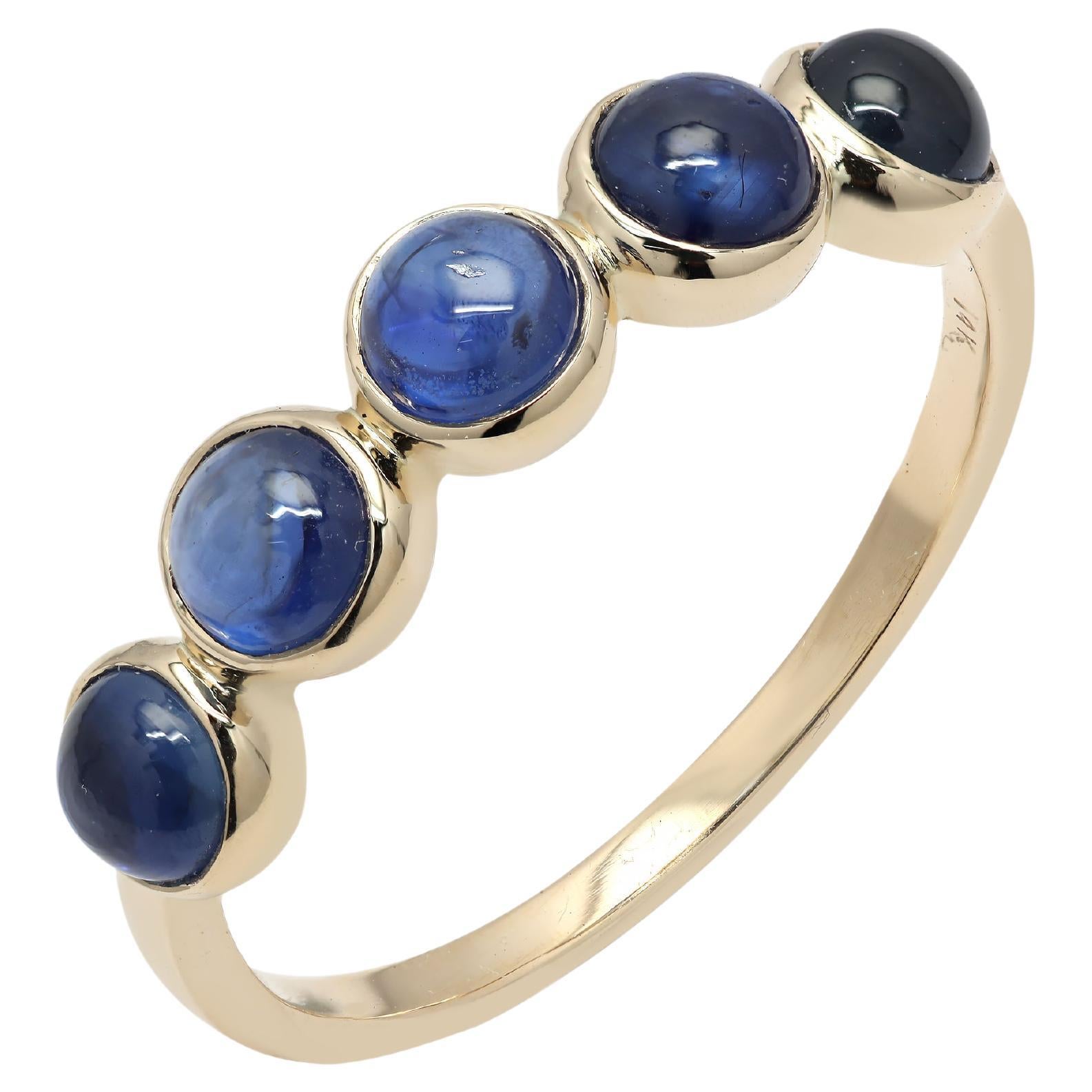 Blue Sapphire Half Eternity Band Ring Stacking Ring in 14K Solid Yellow Gold