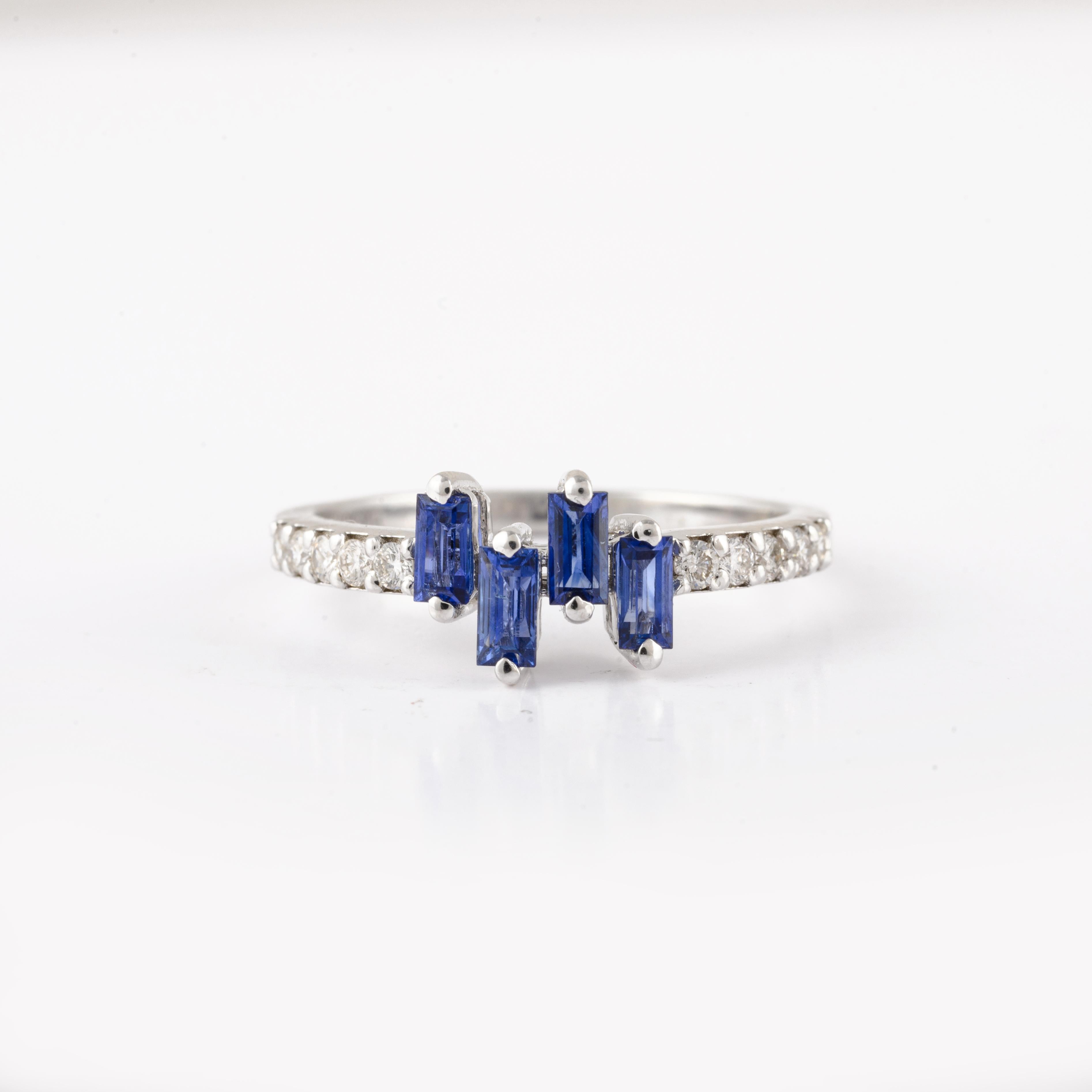 Im Angebot: Minimalistischer blauer Saphir-Ring mit Diamanten aus 14 Karat massivem Weißgold () 2