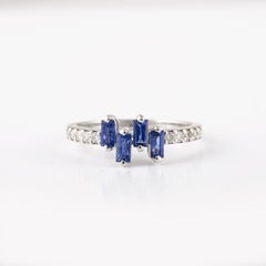 Minimalist Blue Sapphire Ring with Diamonds Crafted in 14kt Solid White Gold