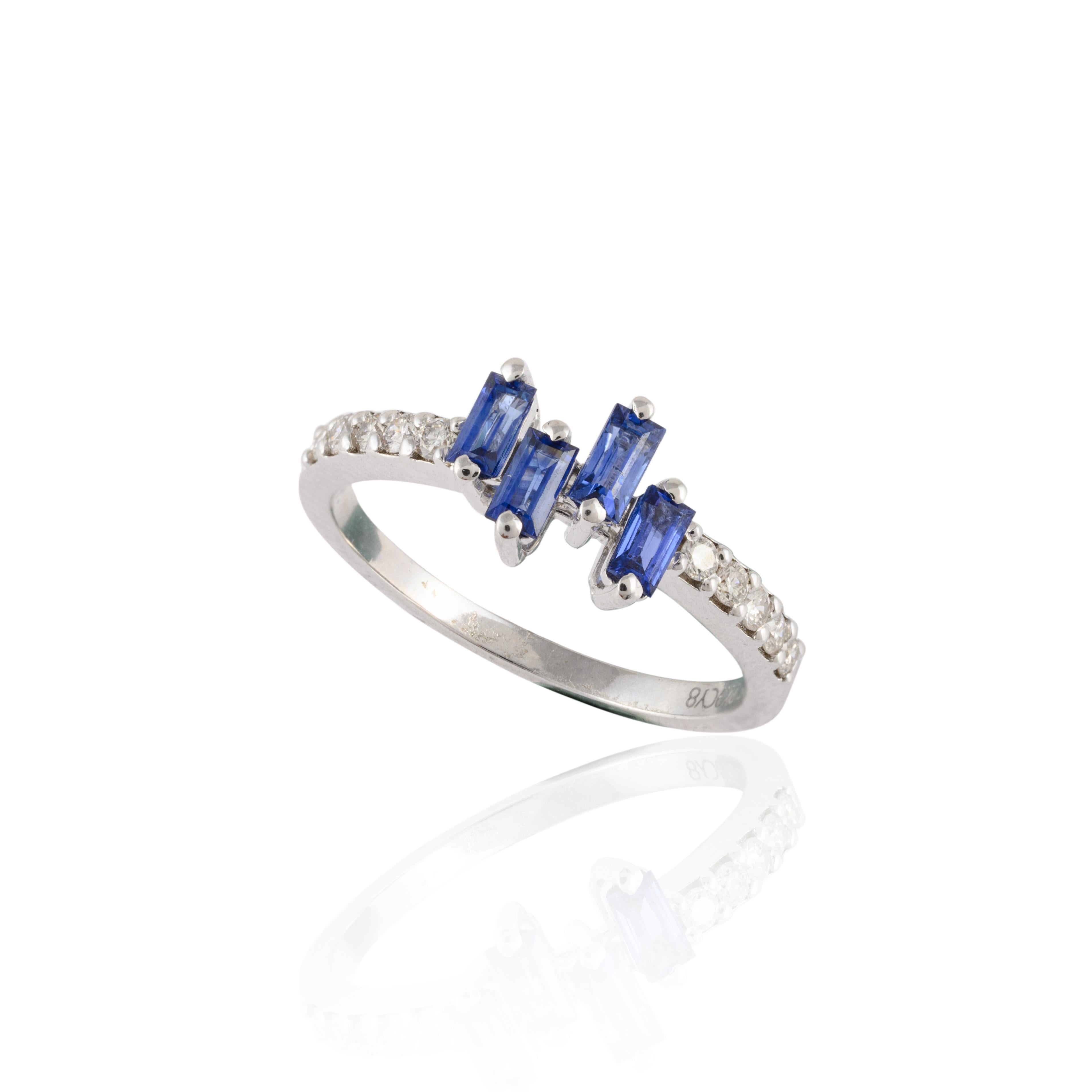 For Sale:  Minimalist Blue Sapphire Ring with Diamonds Crafted in 14kt Solid White Gold 8