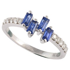 Minimalist Blue Sapphire Ring with Diamonds Crafted in 14kt Solid White Gold