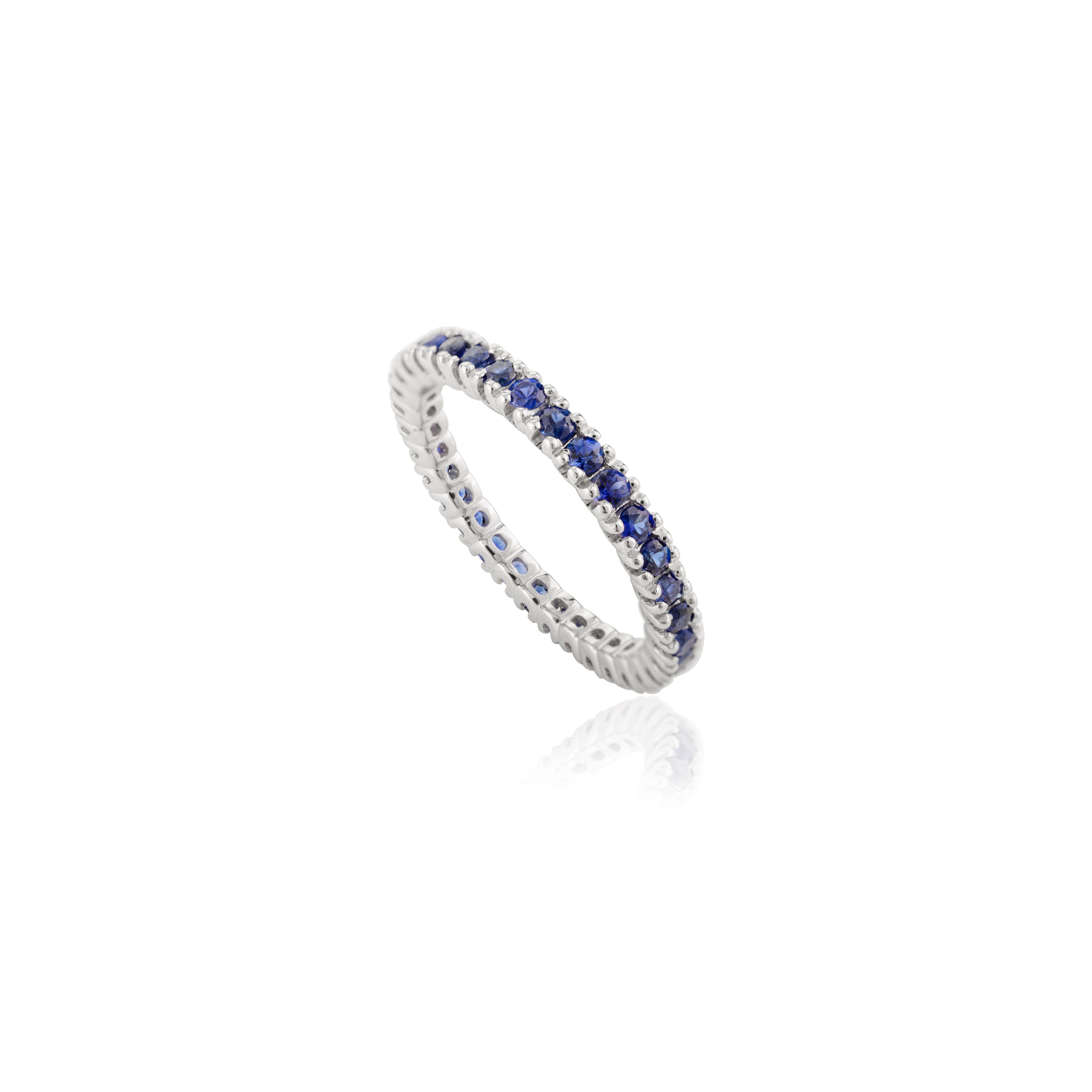 For Sale:  Minimalist Blue Sapphire Stackable Eternity Band Ring in 18k Solid White Gold 4