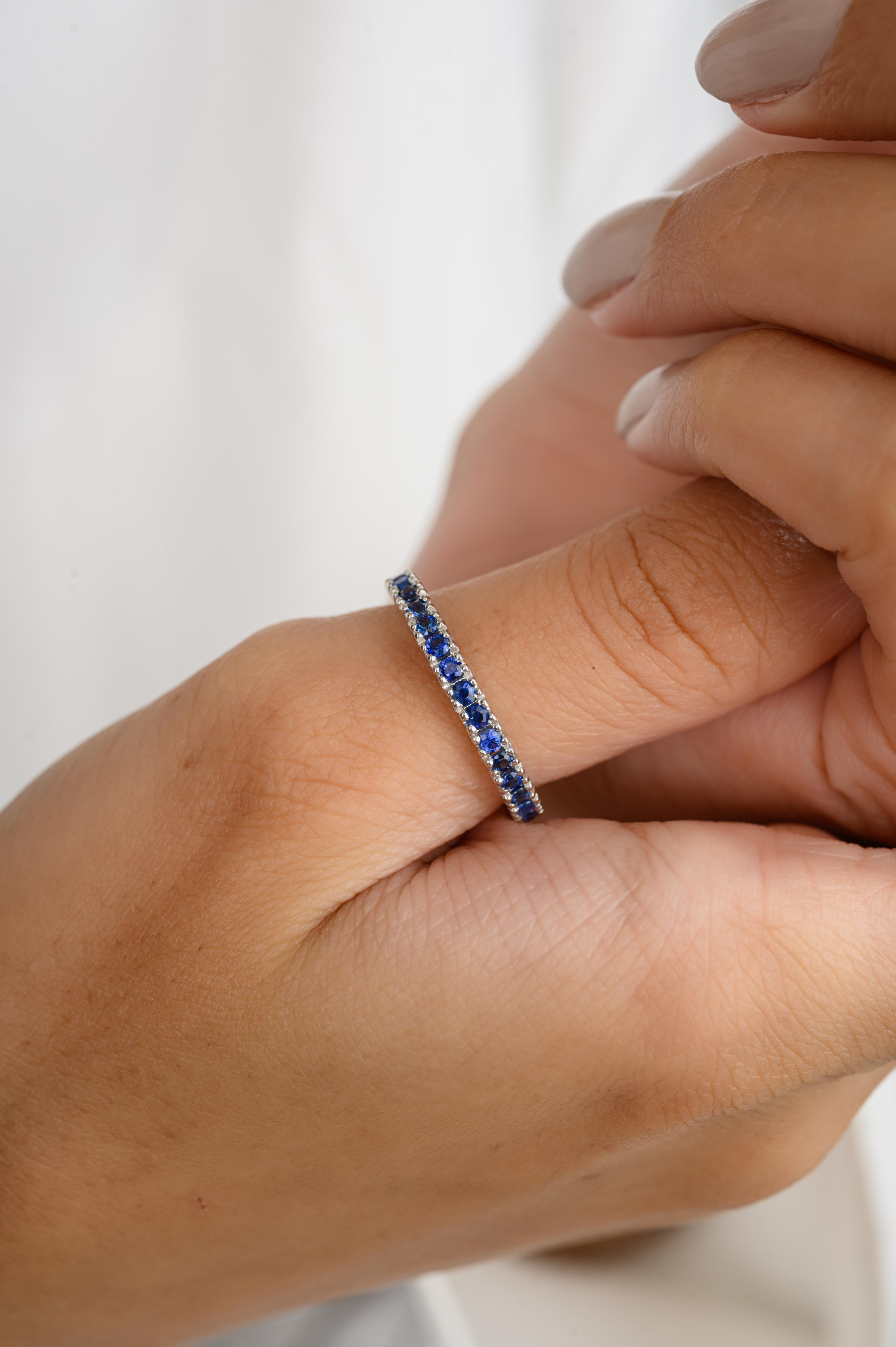 For Sale:  Minimalist Blue Sapphire Stackable Eternity Band Ring in 18k Solid White Gold 5