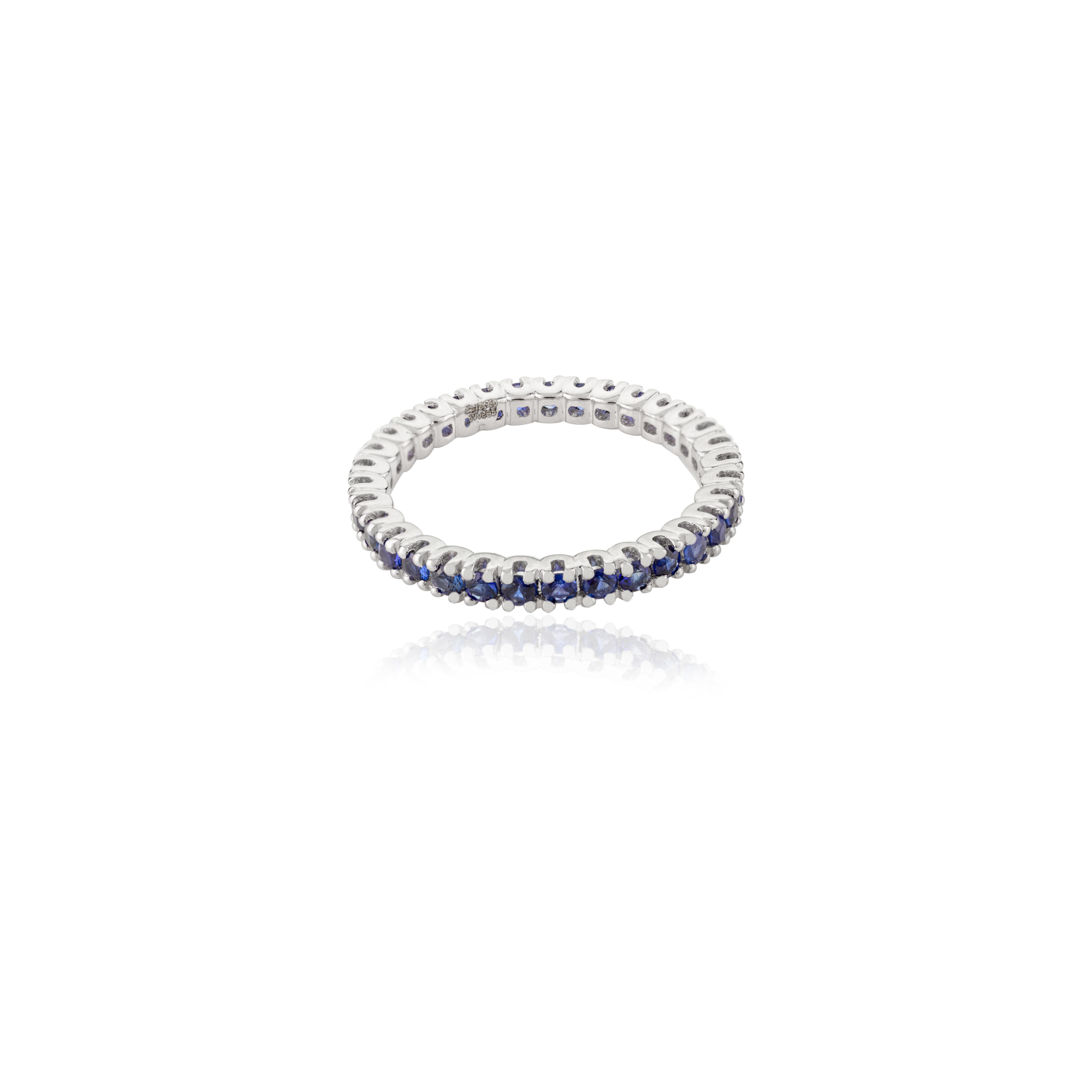 For Sale:  Minimalist Blue Sapphire Stackable Eternity Band Ring in 18k Solid White Gold 6