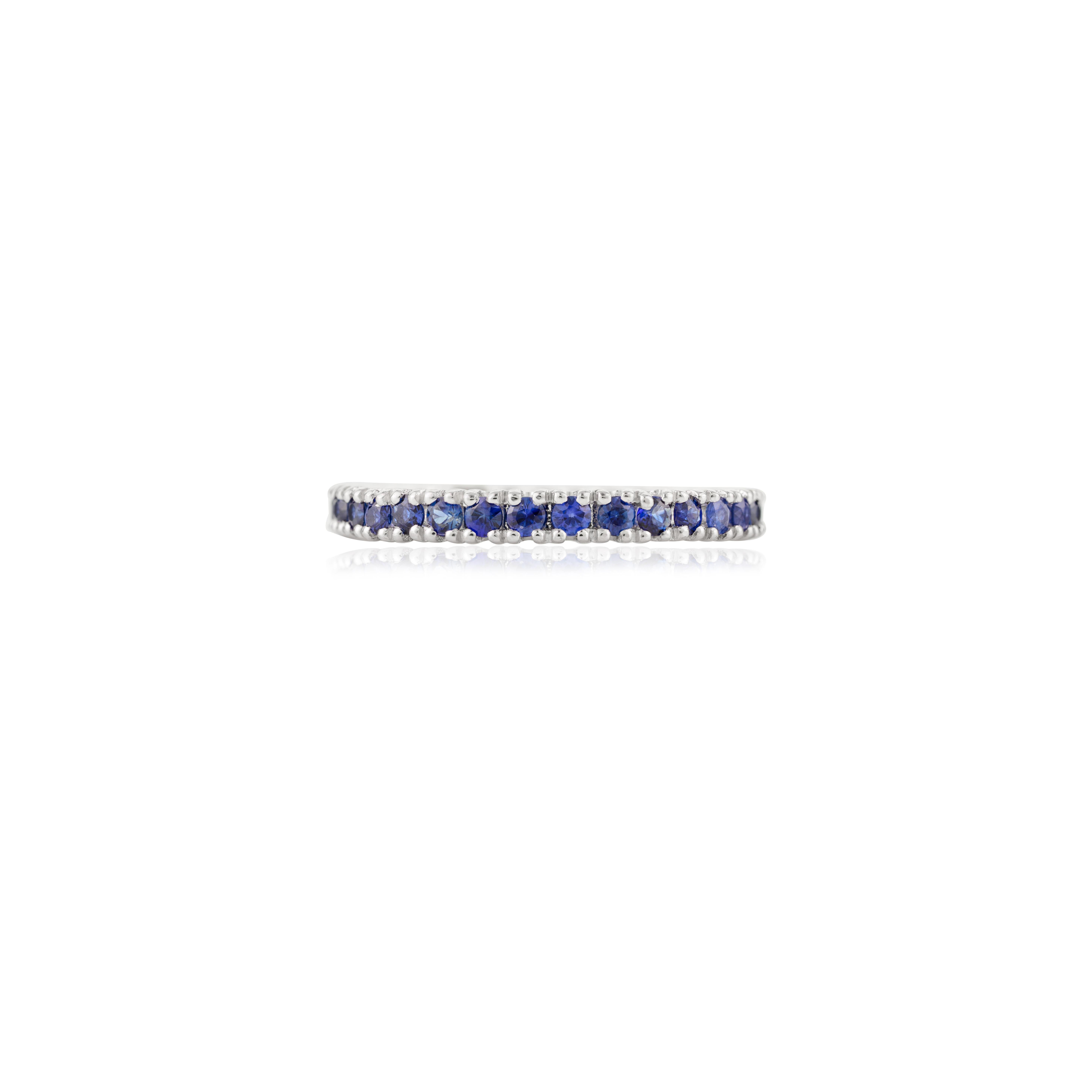 For Sale:  Minimalist Blue Sapphire Stackable Eternity Band Ring in 18k Solid White Gold 7