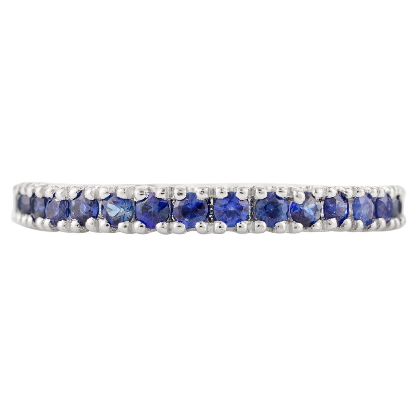 Minimalist Blue Sapphire Stackable Eternity Band Ring in 18k Solid White Gold