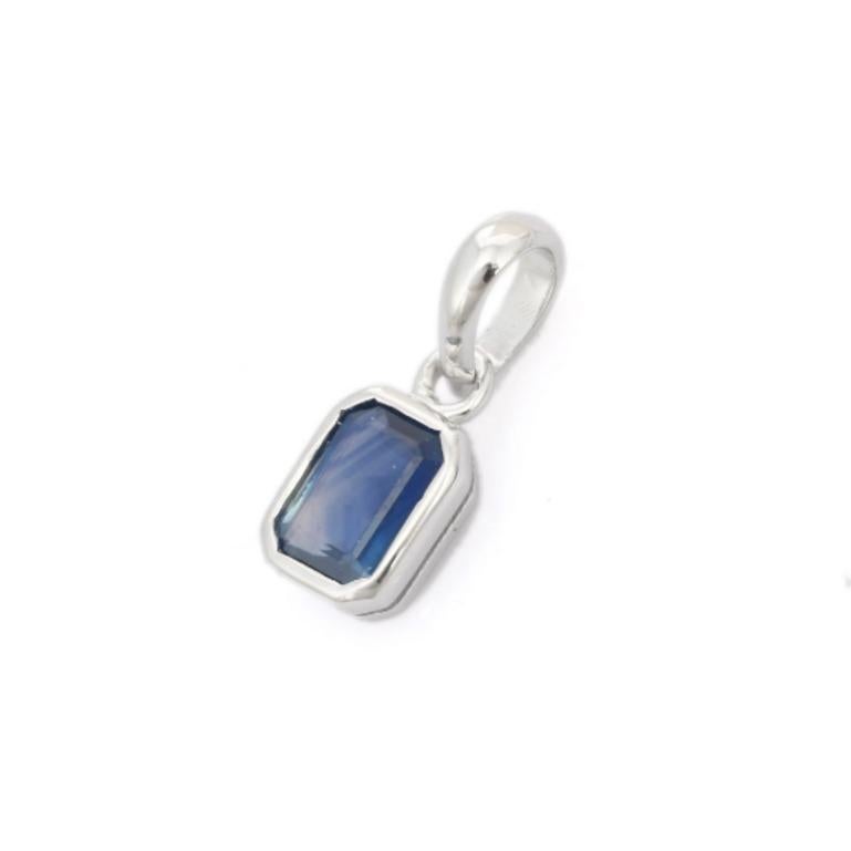 Art Deco Minimalist Blue Sapphire Unisex Pendant Handcrafted in 925 Sterling Silver For Sale