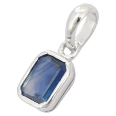 Minimalist Blue Sapphire Unisex Pendant Handcrafted in 925 Sterling Silver For Sale