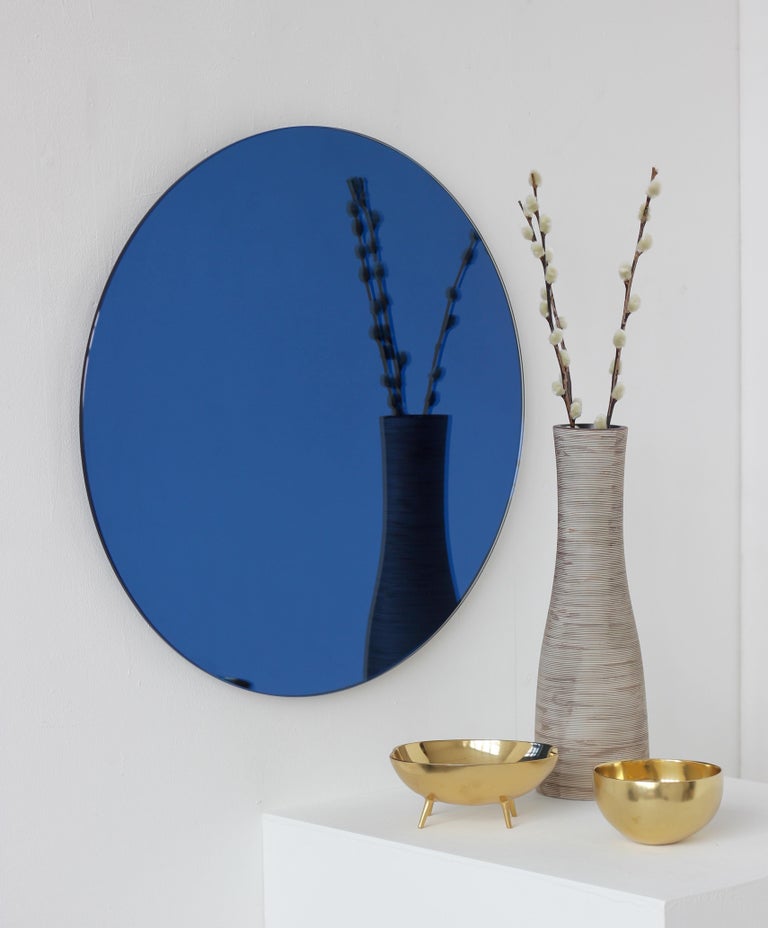 Minimalist Blue Tinted Orbis Circular Wall Mirror Frameless, Small For
