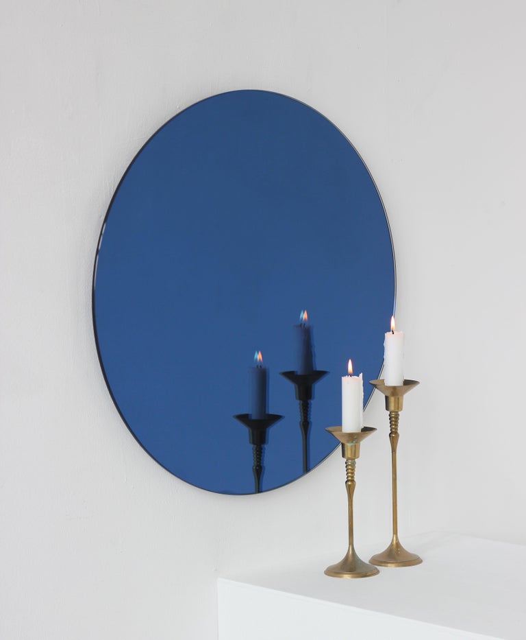 Minimalist Blue Tinted Orbis Circular Wall Mirror Frameless, Small For