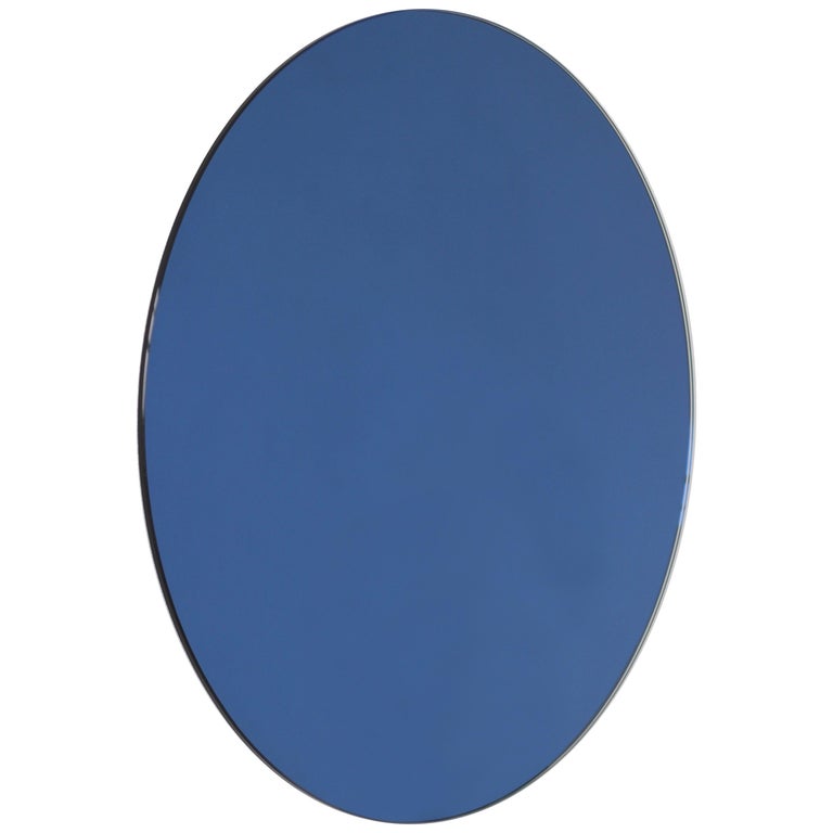 Minimalist Blue Tinted Orbis Circular Wall Mirror Frameless, Small For