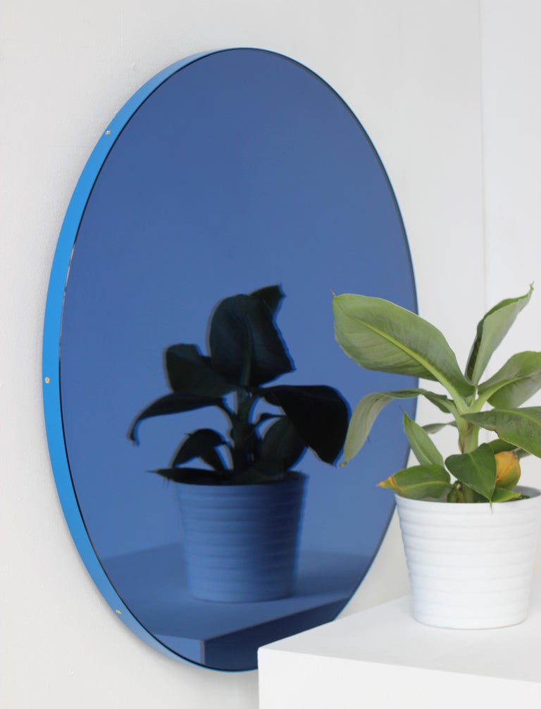 Orbis Blue Tinted Bespoke Round Mirror with a Modern Blue Frame Small