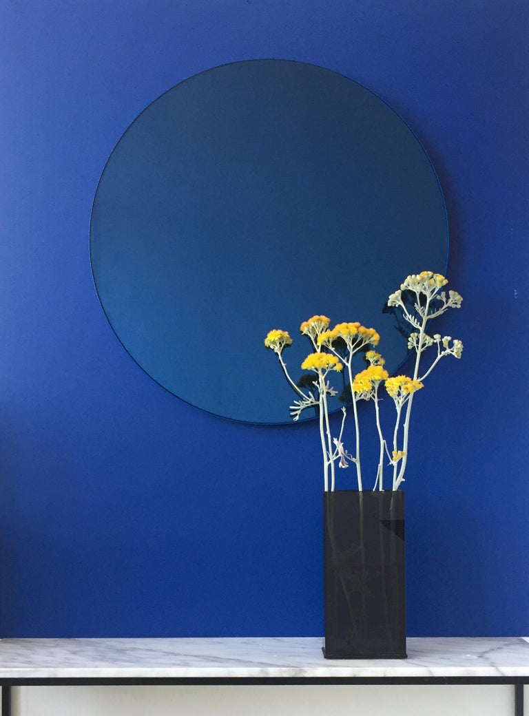 Orbis Blue Tinted Bespoke Round Mirror with a Modern Blue Frame Small