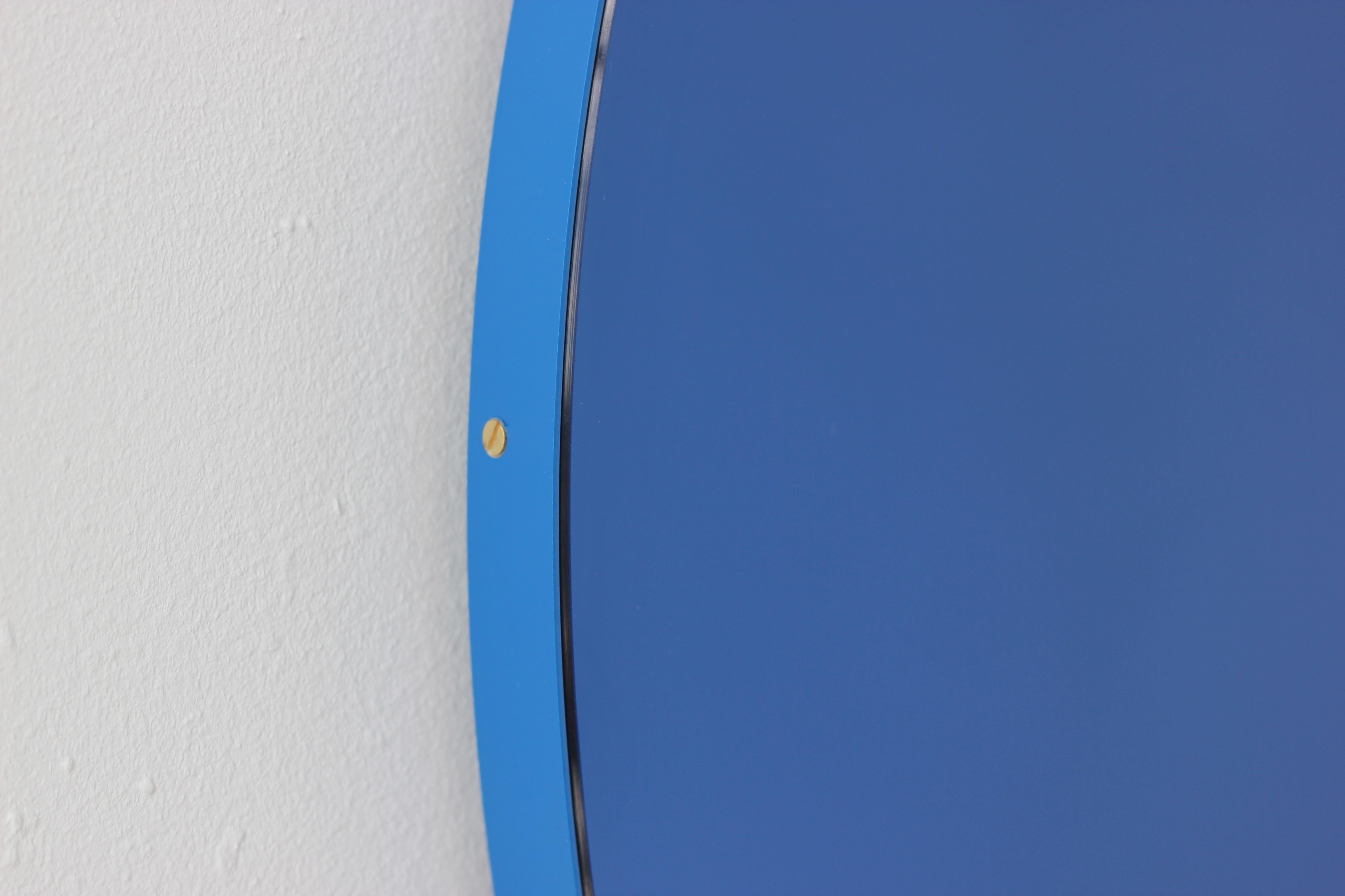 Powder-Coated Orbis Blue Tinted Round Mirror with a Modern Blue Frame, Small For Sale