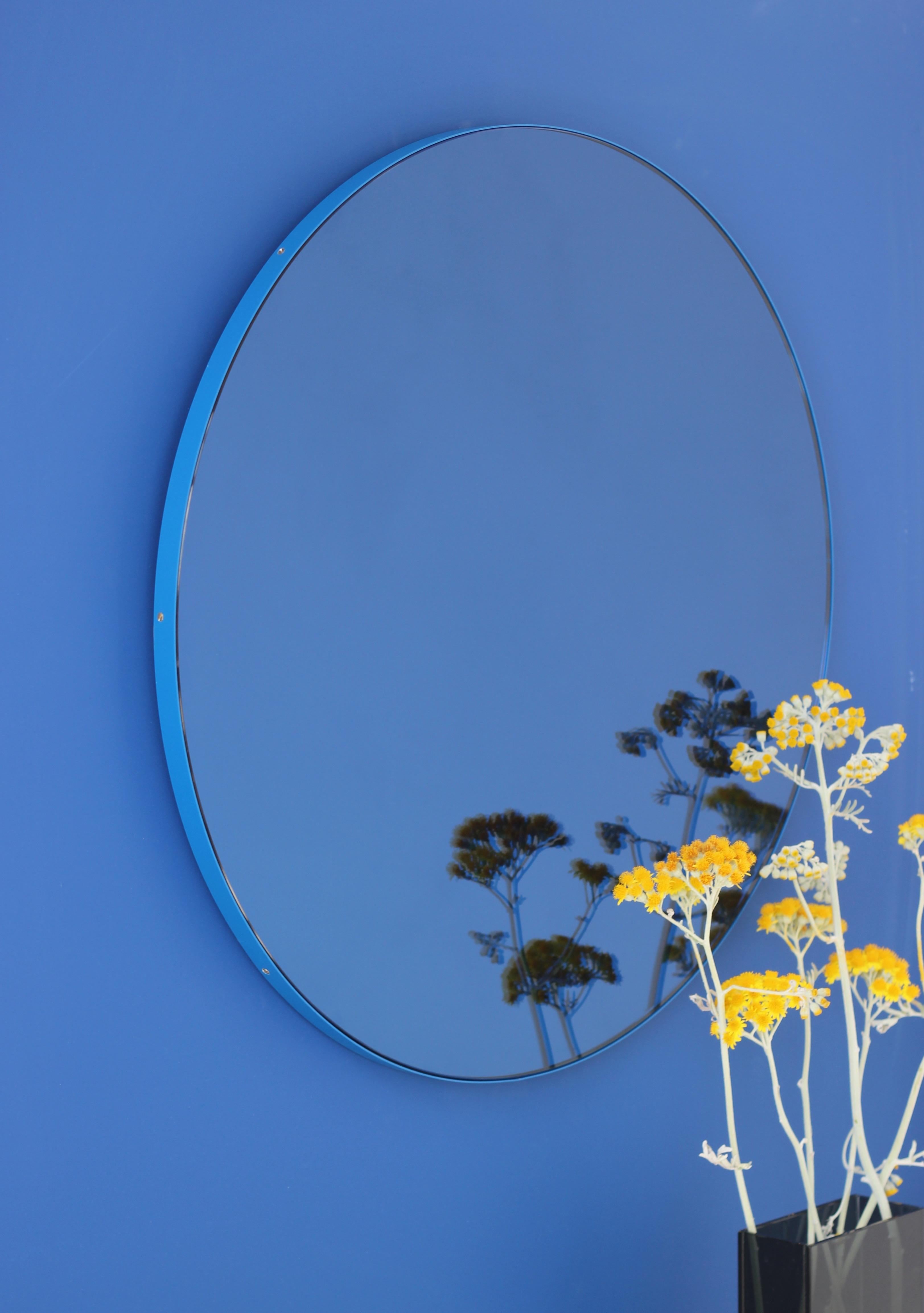 Orbis Blue Tinted Round Mirror with a Modern Blue Frame, Small In New Condition For Sale In London, GB