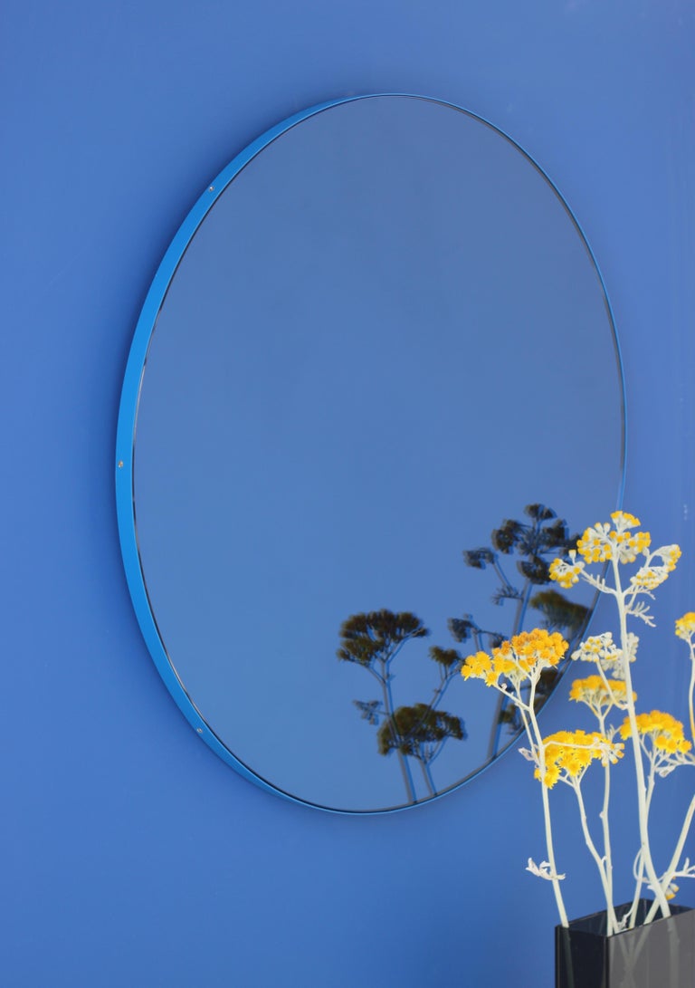 Orbis Blue Tinted Bespoke Round Mirror with a Modern Blue Frame Small