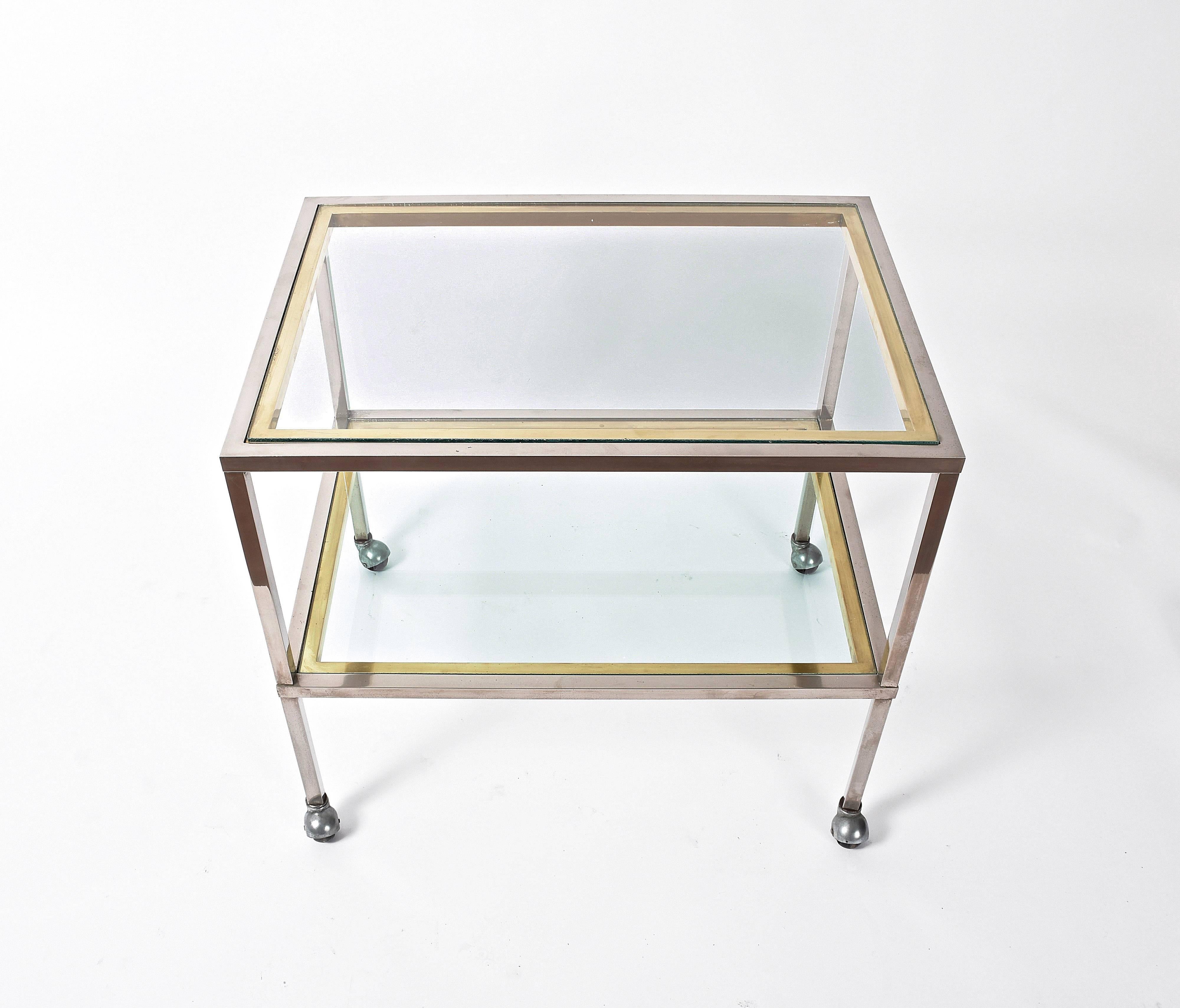 Minimalist Brass and Chrome Italian Bar Service Trolley after Romeo Rega, 1970s In Good Condition For Sale In Roma, IT