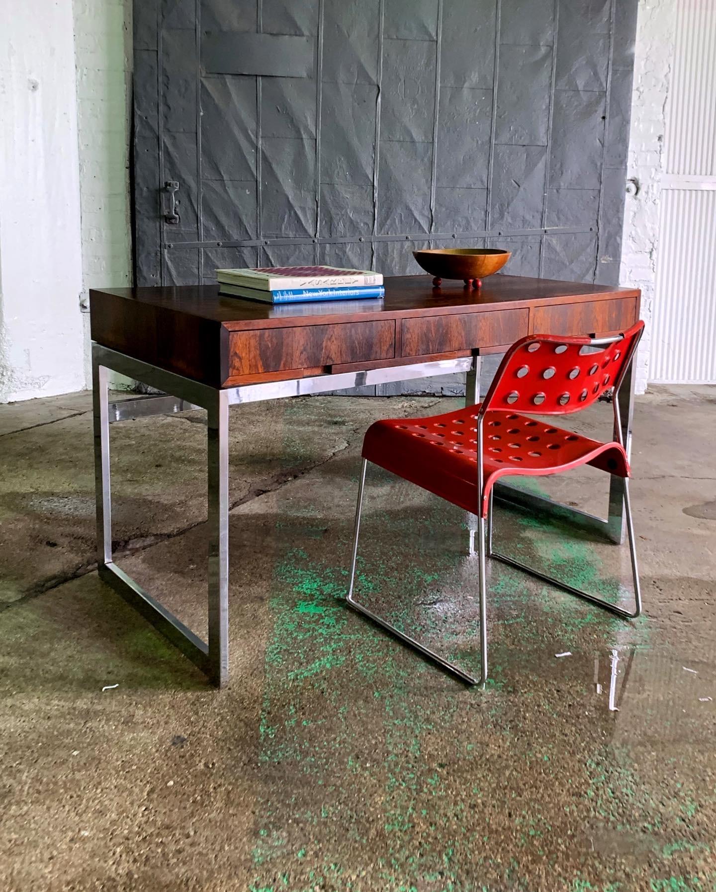 Danish Minimalist Brazilian Rosewood and Chrome Desk in the style of Milo Baughman For Sale