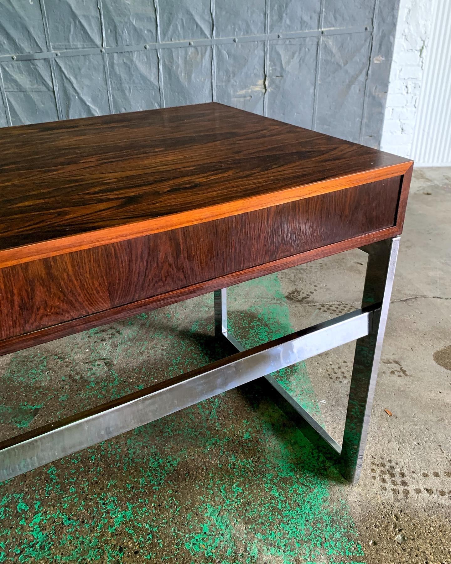 Late 20th Century Minimalist Brazilian Rosewood and Chrome Desk in the style of Milo Baughman For Sale