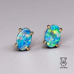 Minimalist Bright Australian Doublet Opal Oval Shaped Stud Earrings 14K