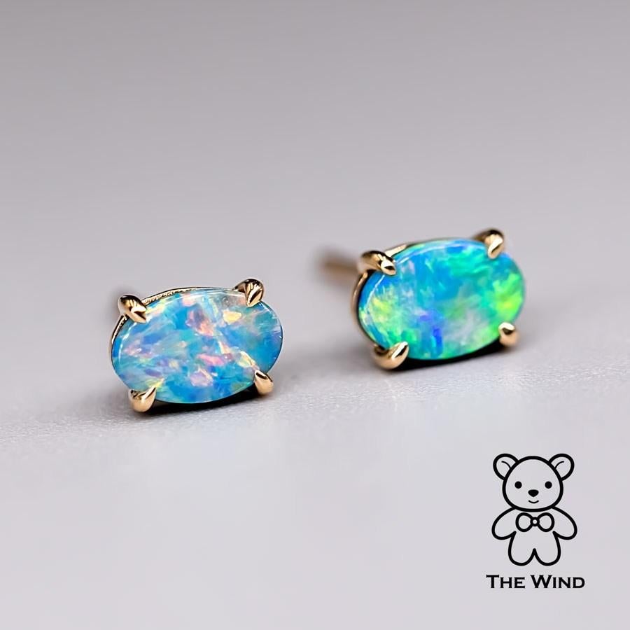 Arts and Crafts Minimalist Bright Australian Doublet Opal Oval Stud Earrings 14K Yellow Gold For Sale