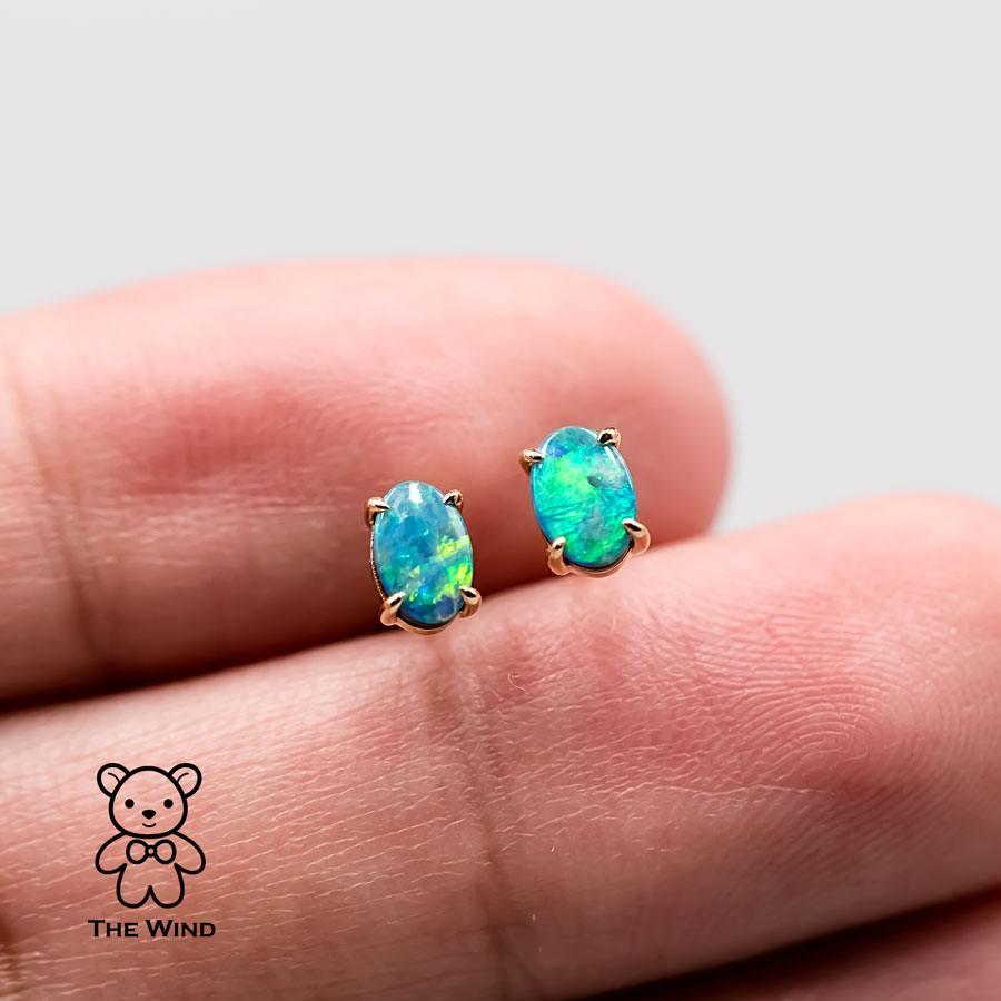 Oval Cut Minimalist Bright Australian Doublet Opal Oval Stud Earrings 14K Yellow Gold For Sale