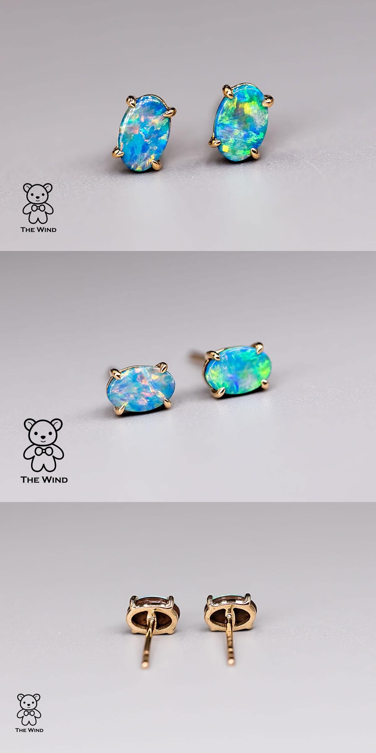 Minimalist Bright Australian Doublet Opal Oval Stud Earrings 14K Yellow Gold For Sale 2