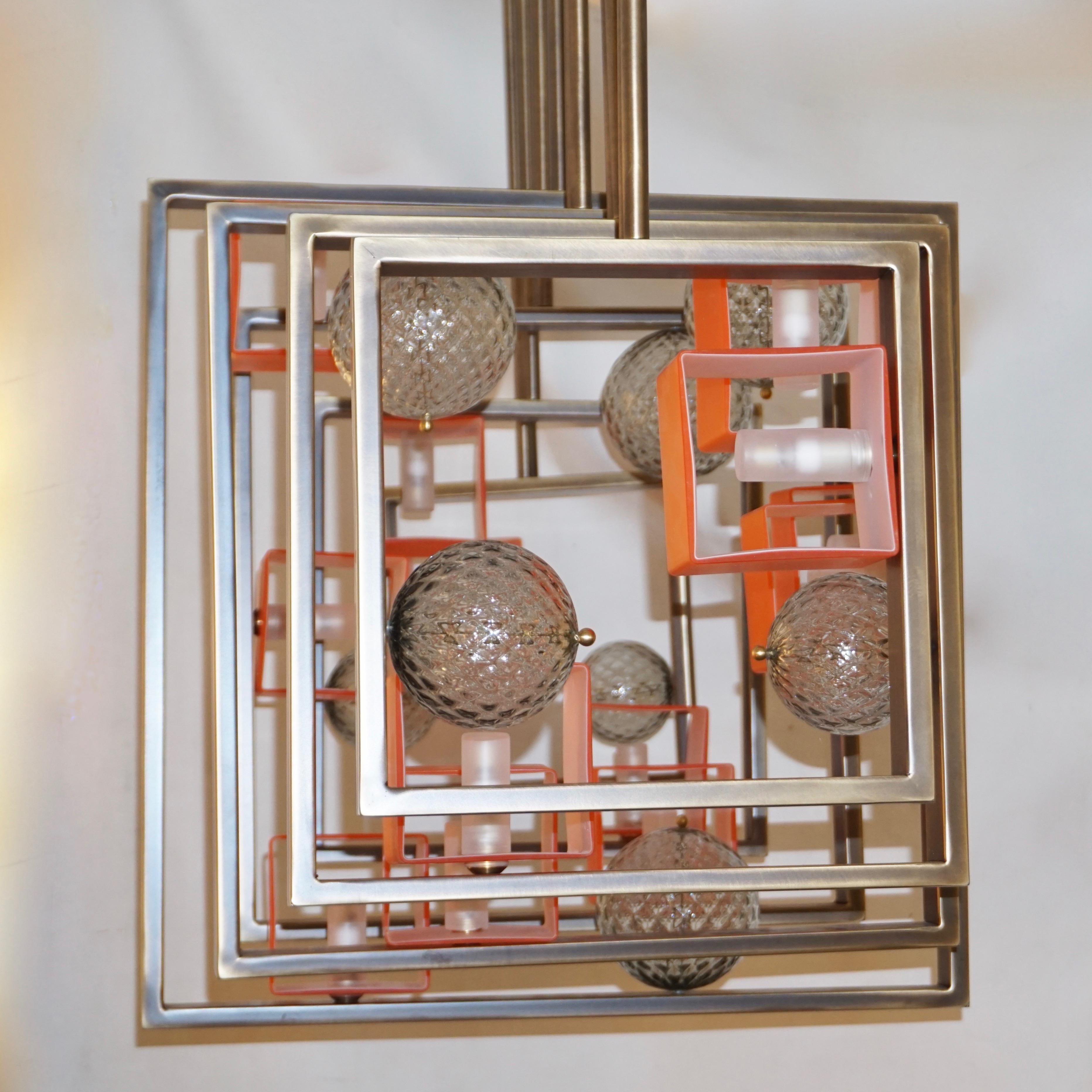 Minimalist Bronze Brass Cubic Chandelier with Orange & White Murano Glass Cubes 7