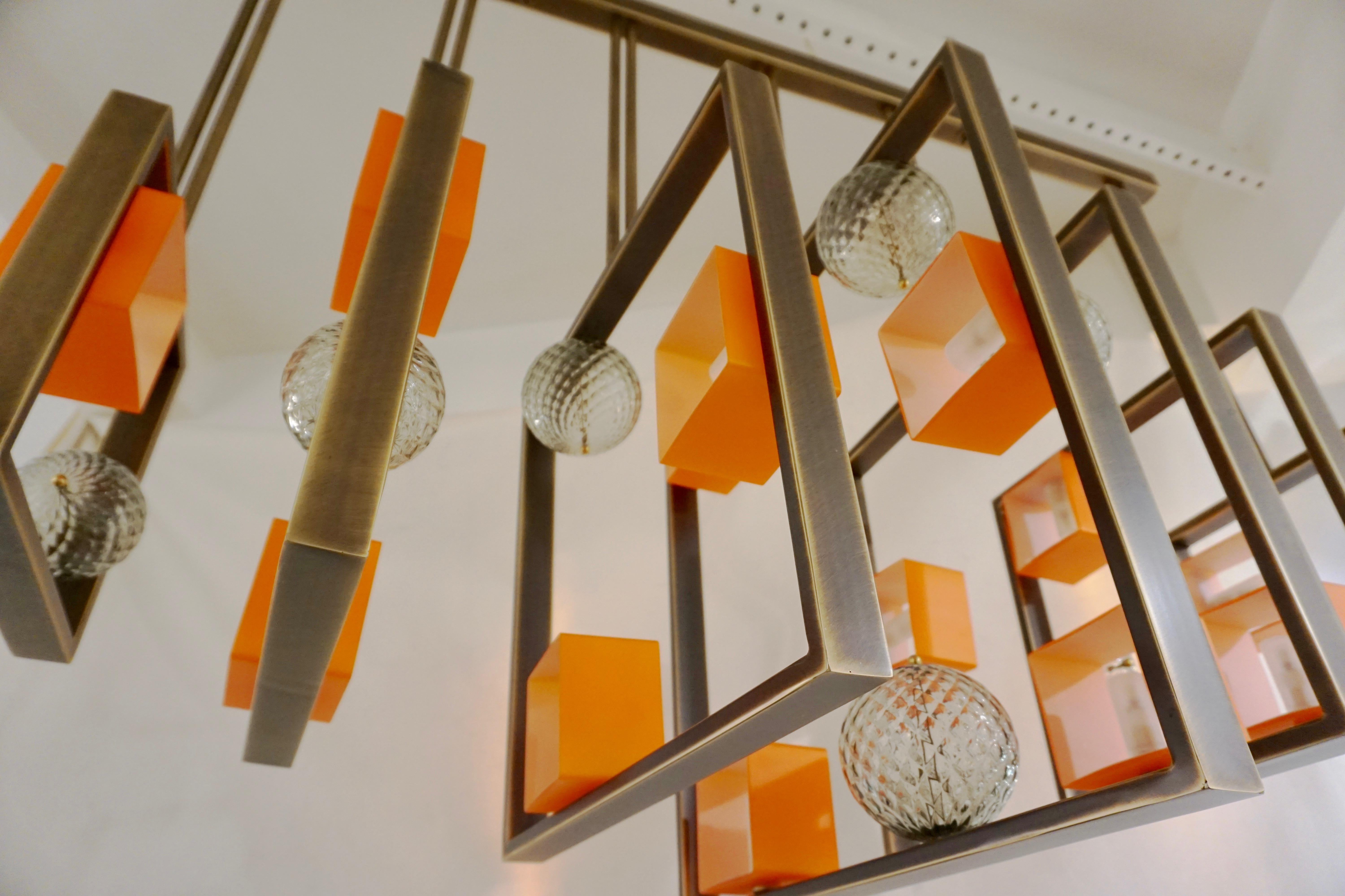 Minimalist Bronze Brass Cubic Chandelier with Orange & White Murano Glass Cubes 4