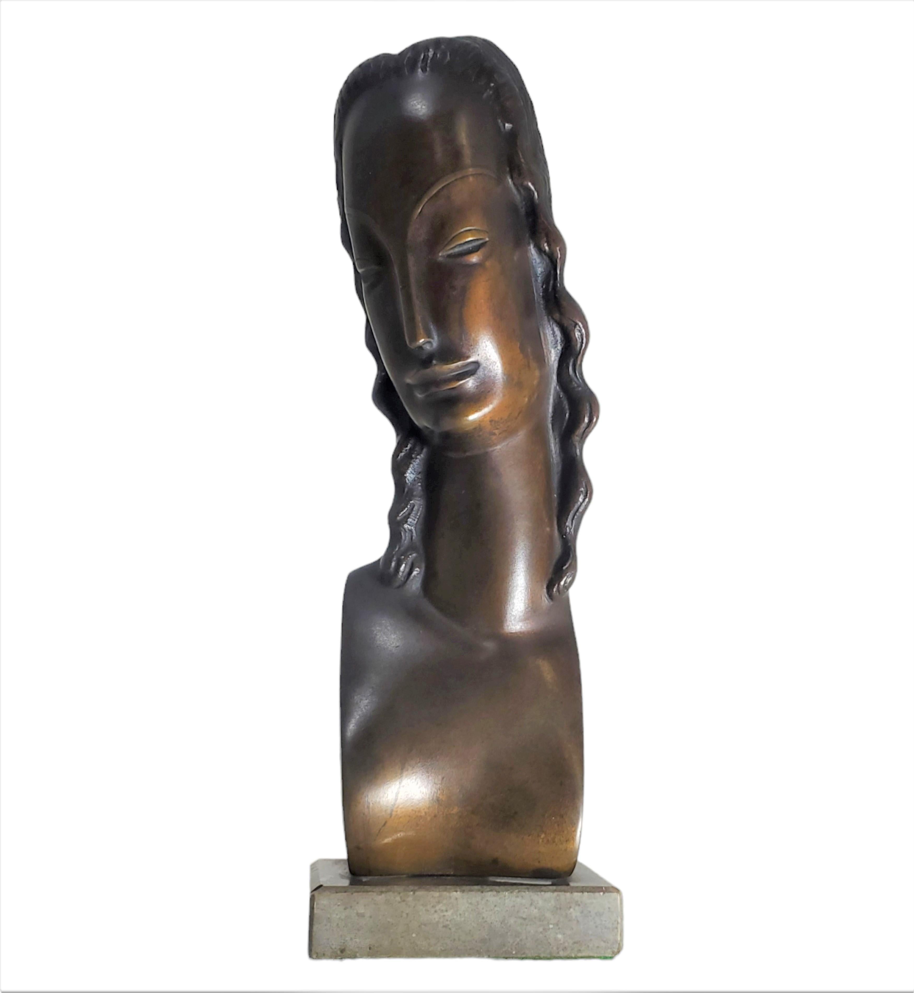 An exquisite original Art Deco period, stylized bronze sculpture of a woman with wavy hair in a medium brown patina. The stamped signature and the date 