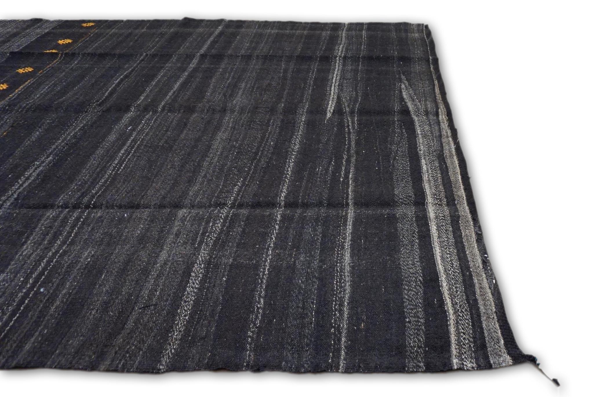 Mid-Century Modern Minimalist Brown Charcoal with Subtle Gold Accents Goat Hair Kilim 6'11''x13' For Sale