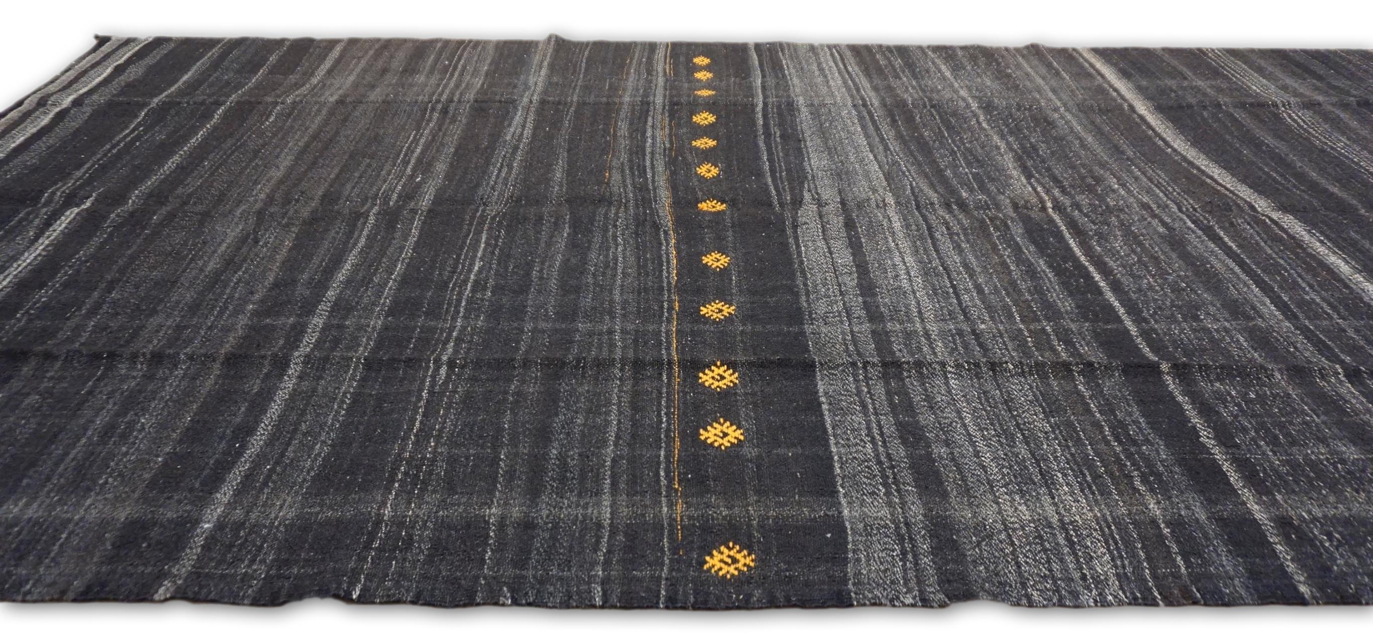 Turkish Minimalist Brown Charcoal with Subtle Gold Accents Goat Hair Kilim 6'11''x13' For Sale