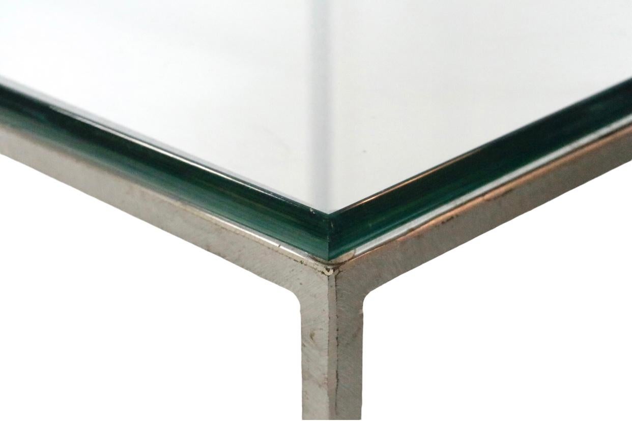 American Minimalist Brushed Metal & Glass Tables, a Pair