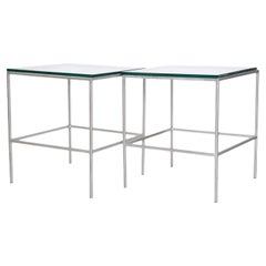 Minimalist Brushed Metal & Glass Tables, a Pair