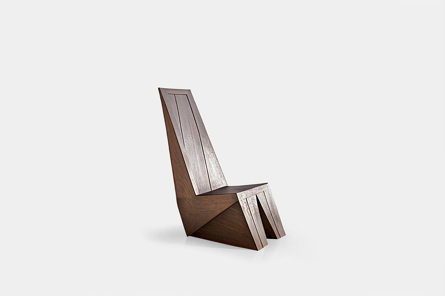 Minimalist Brutalist lounge chair, burn oak wood muted easy chair by NONO 

Brutalist chairs boast a strong, yet passive presence with minimalist designs that highlight the rich textures of natural oak wood. The goal was to showcase the beauty and