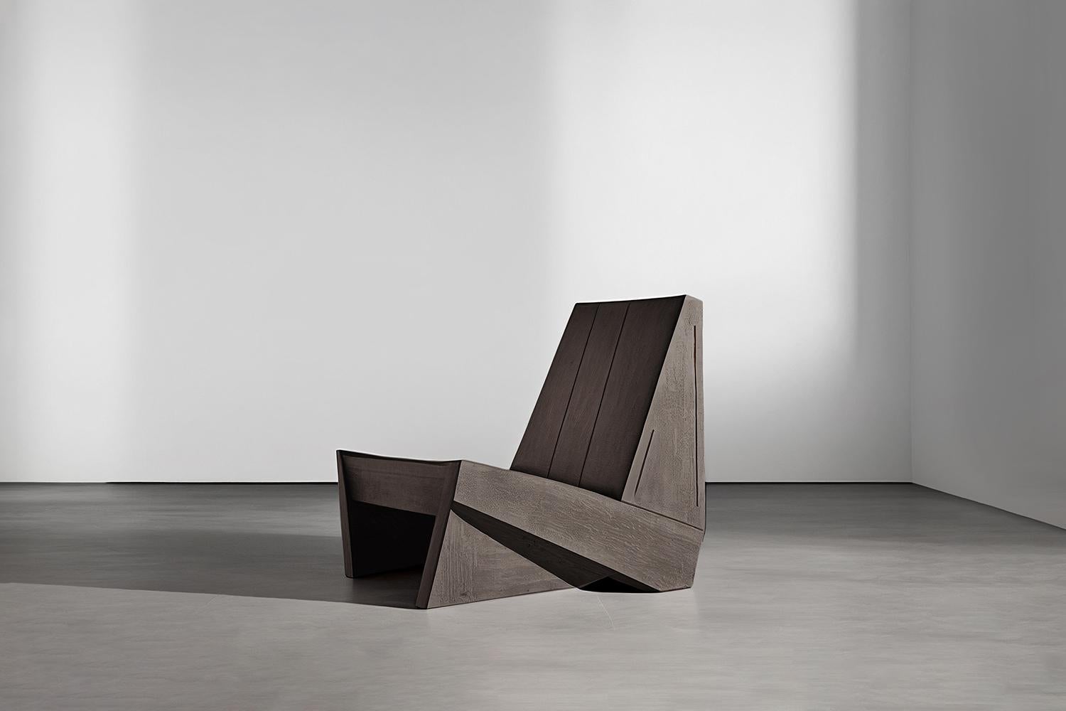 Minimalist Brutalist Lounge chair, Burn Oak Wood Muted Easy Chair by NONO 

Brutalist chairs boast a strong, yet passive presence with minimalist designs that highlight the rich textures of natural oak wood. The goal was to showcase the beauty and