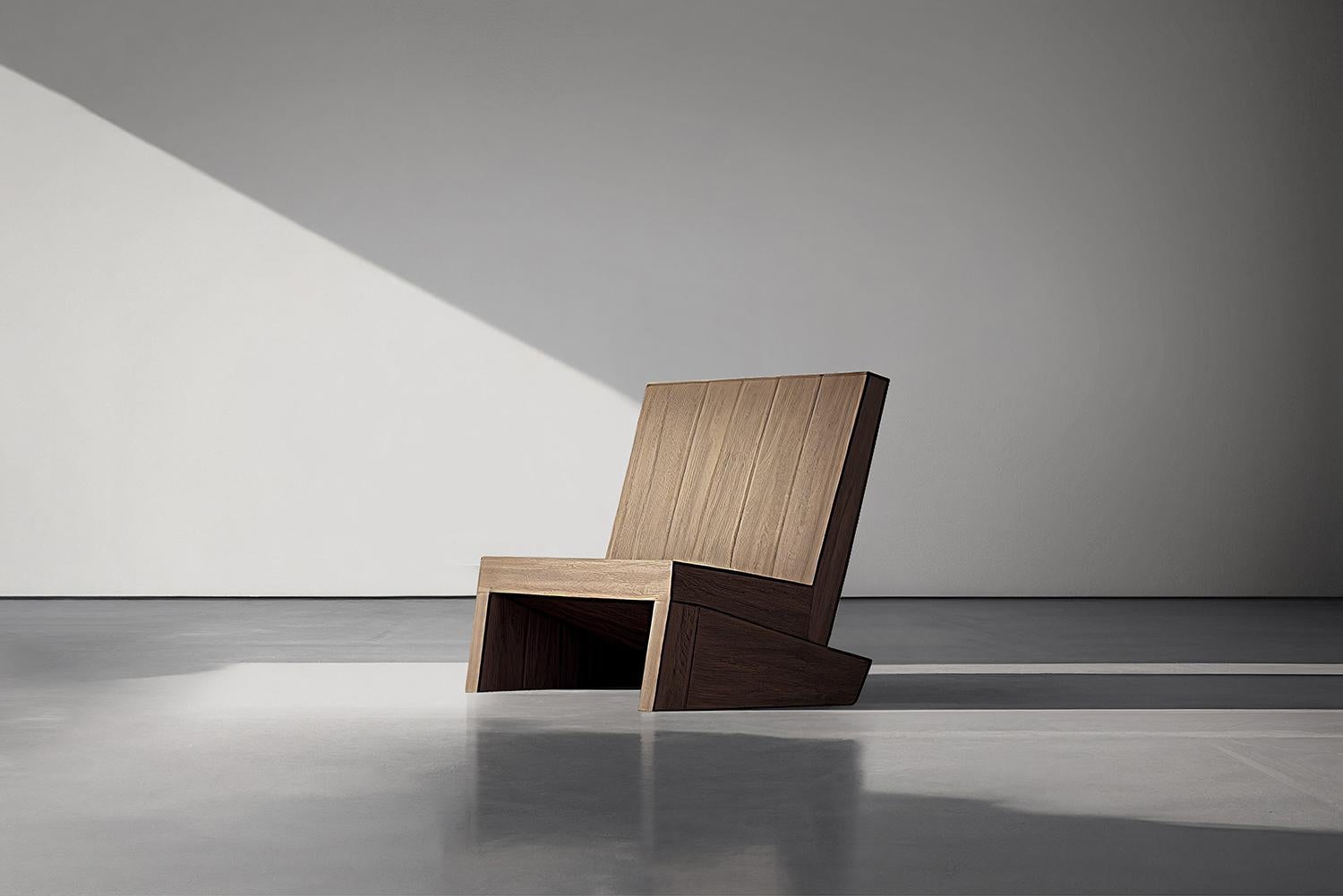 Minimalist Brutalist Lounge chair, Burn Oak Wood Muted Easy Chair by NONO 

Brutalist chairs boast a strong, yet passive presence with Minimalist designs that highlight the rich textures of natural oak wood. The goal was to showcase the beauty and