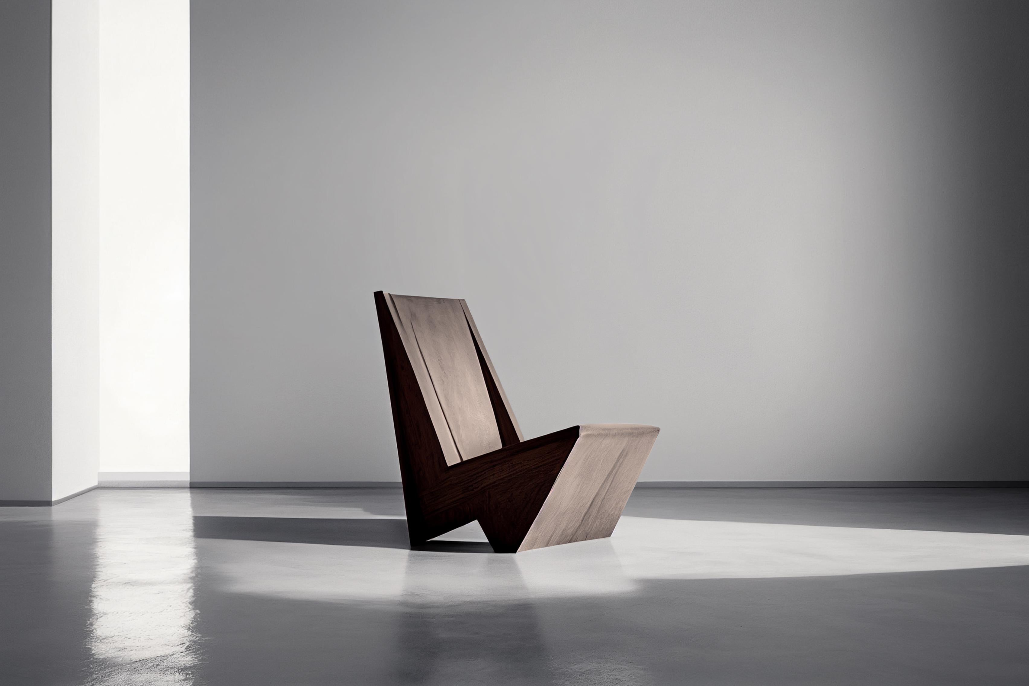 Minimalist brutalist lounge chair, burn oak wood muted easy chair by NONO.

Brutalist chairs boast a strong, yet passive presence with Minimalist designs that highlight the rich textures of natural oak wood. The goal was to showcase the beauty and