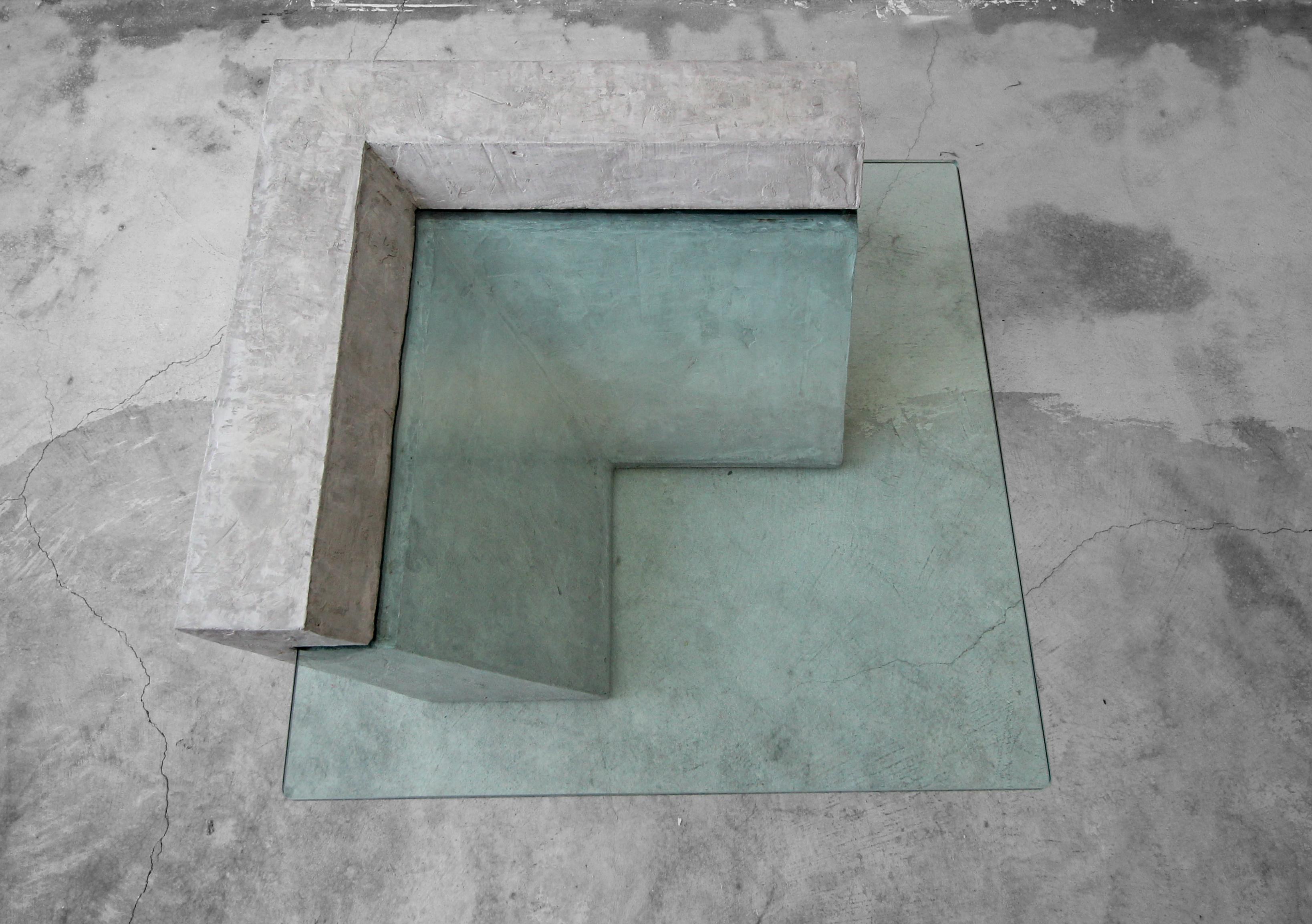 20th Century Minimalist Cantilevered Faux Concrete Plaster and Glass Coffee Table