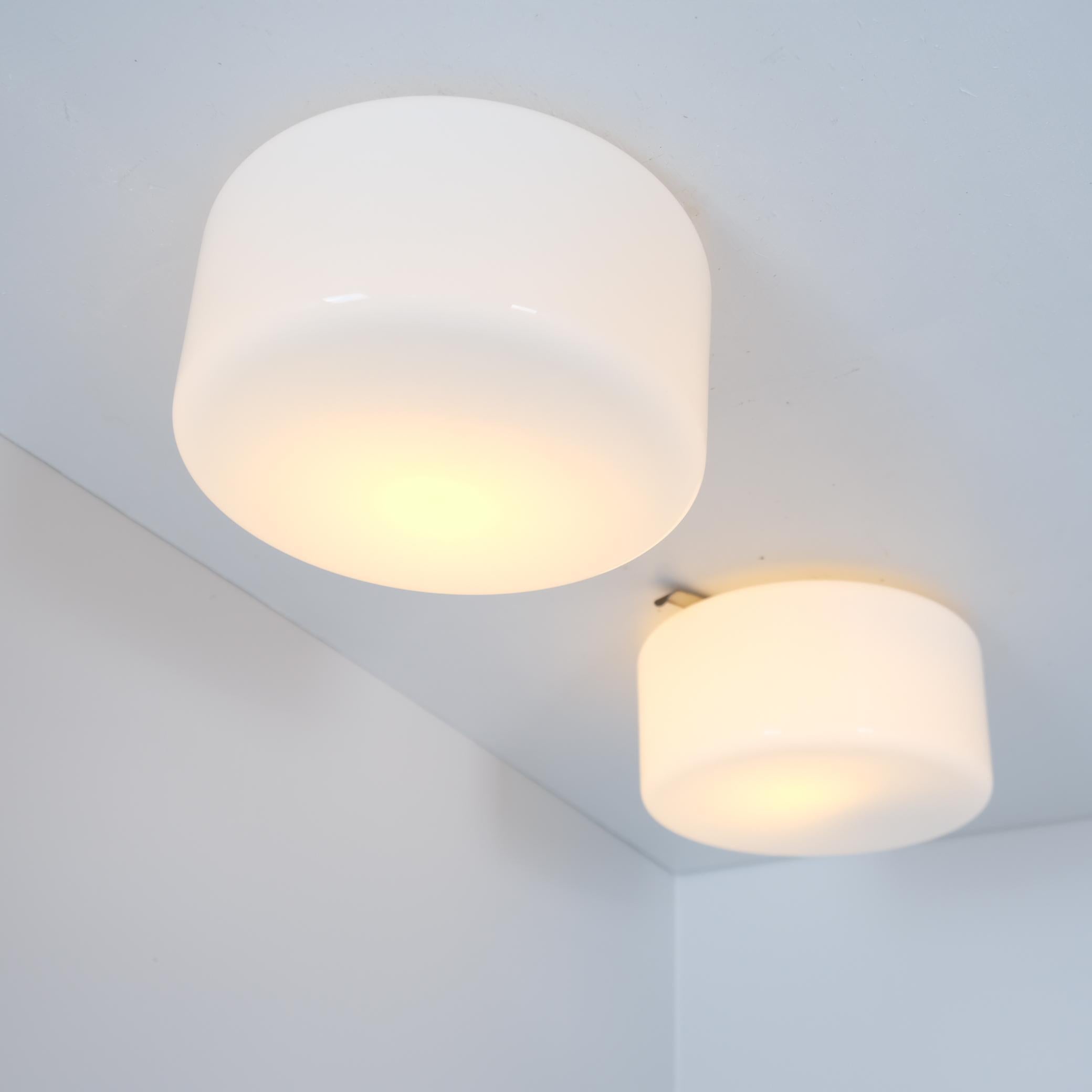 Finnish Minimalist Ceiling Lamp Pair In White Opaline Glass, Pohjoismainen Sähkö, 1950s For Sale