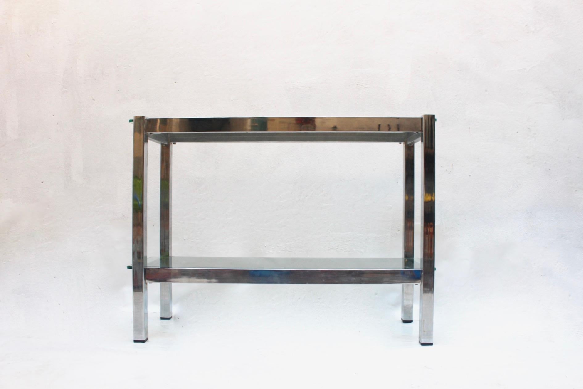 Minimalist chrome 2-tiered glass console table, Italy, 1970s.
  