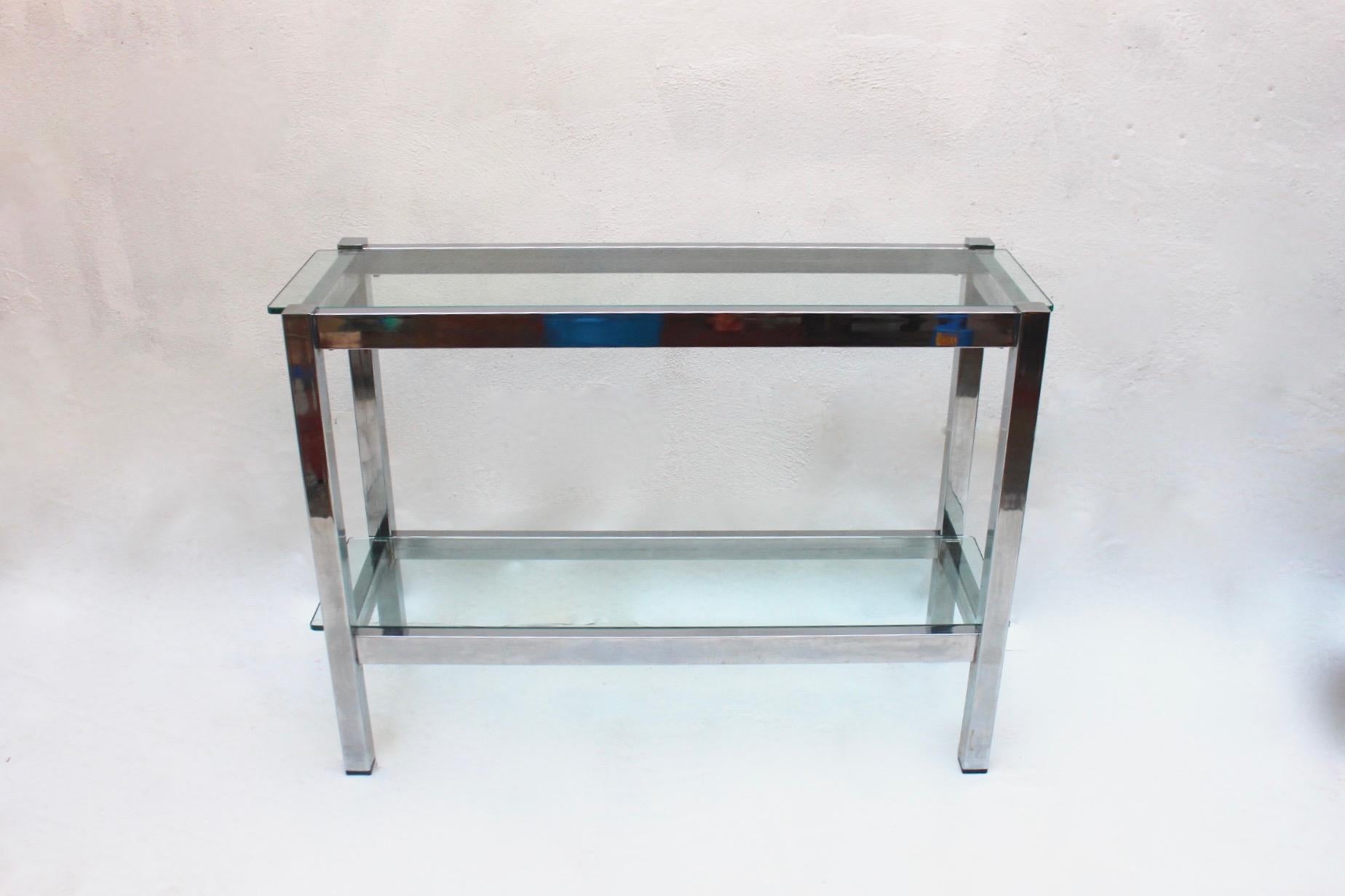 Italian Minimalist Chrome 2-Tiered Glass Console Table, Italy, 1970s For Sale