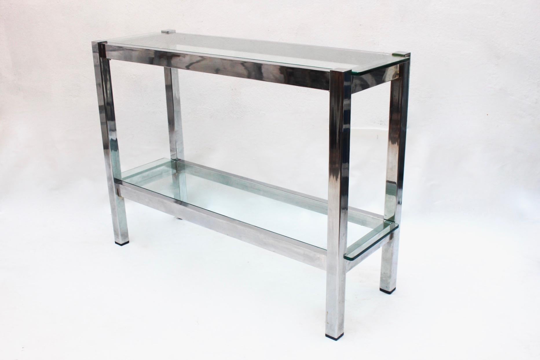 Late 20th Century Minimalist Chrome 2-Tiered Glass Console Table, Italy, 1970s For Sale