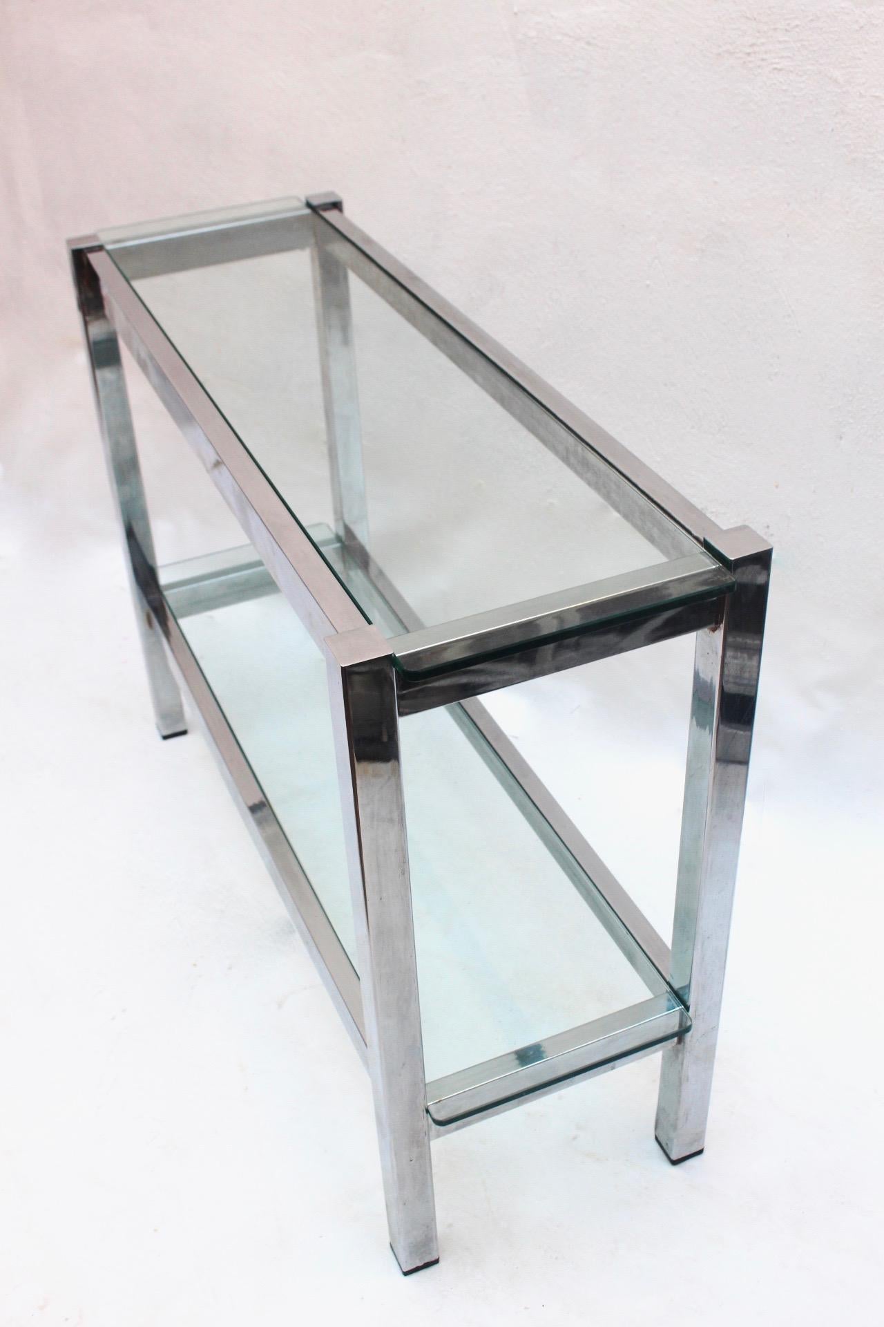 Metal Minimalist Chrome 2-Tiered Glass Console Table, Italy, 1970s For Sale