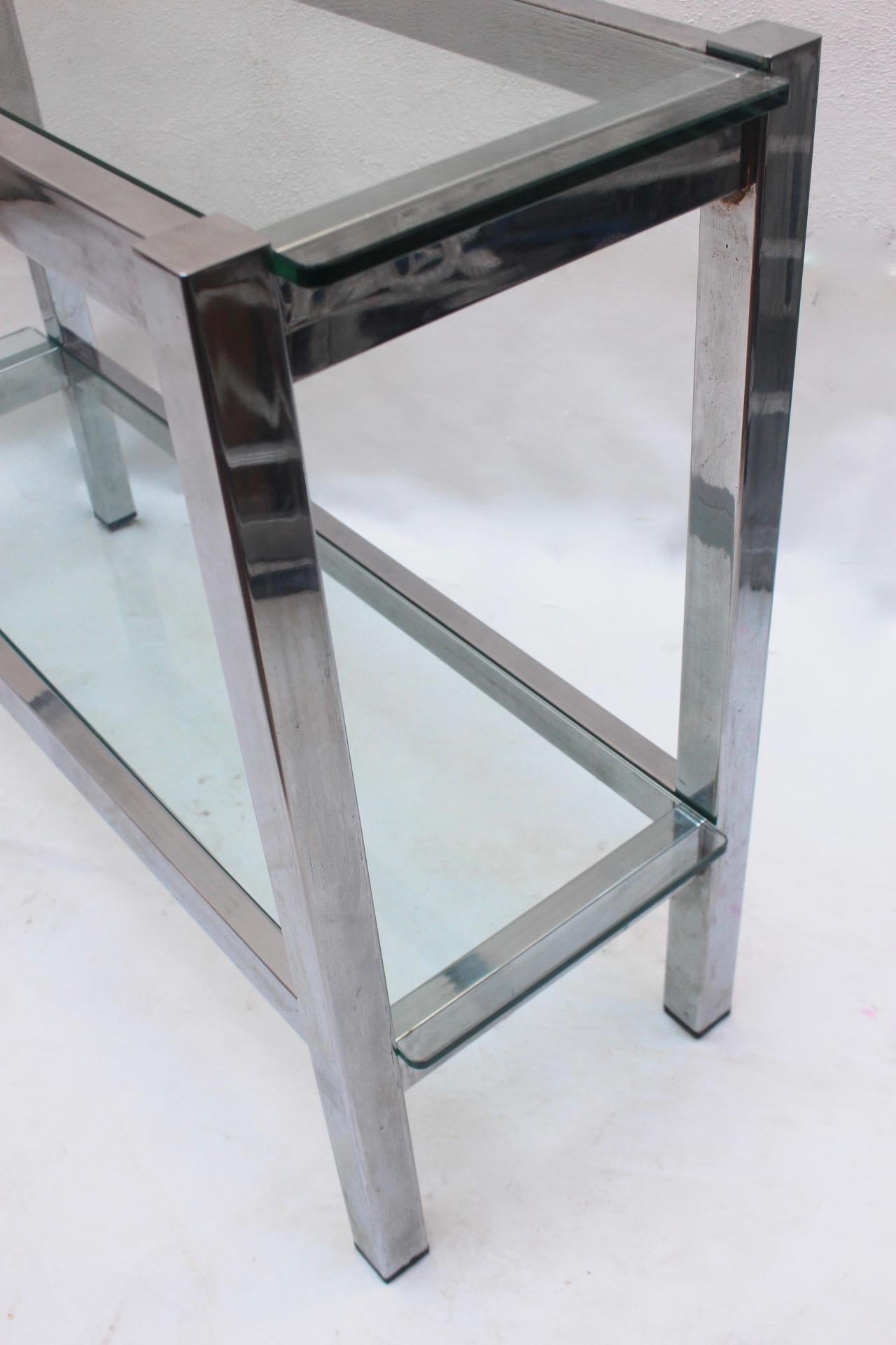 Minimalist Chrome 2-Tiered Glass Console Table, Italy, 1970s For Sale 2