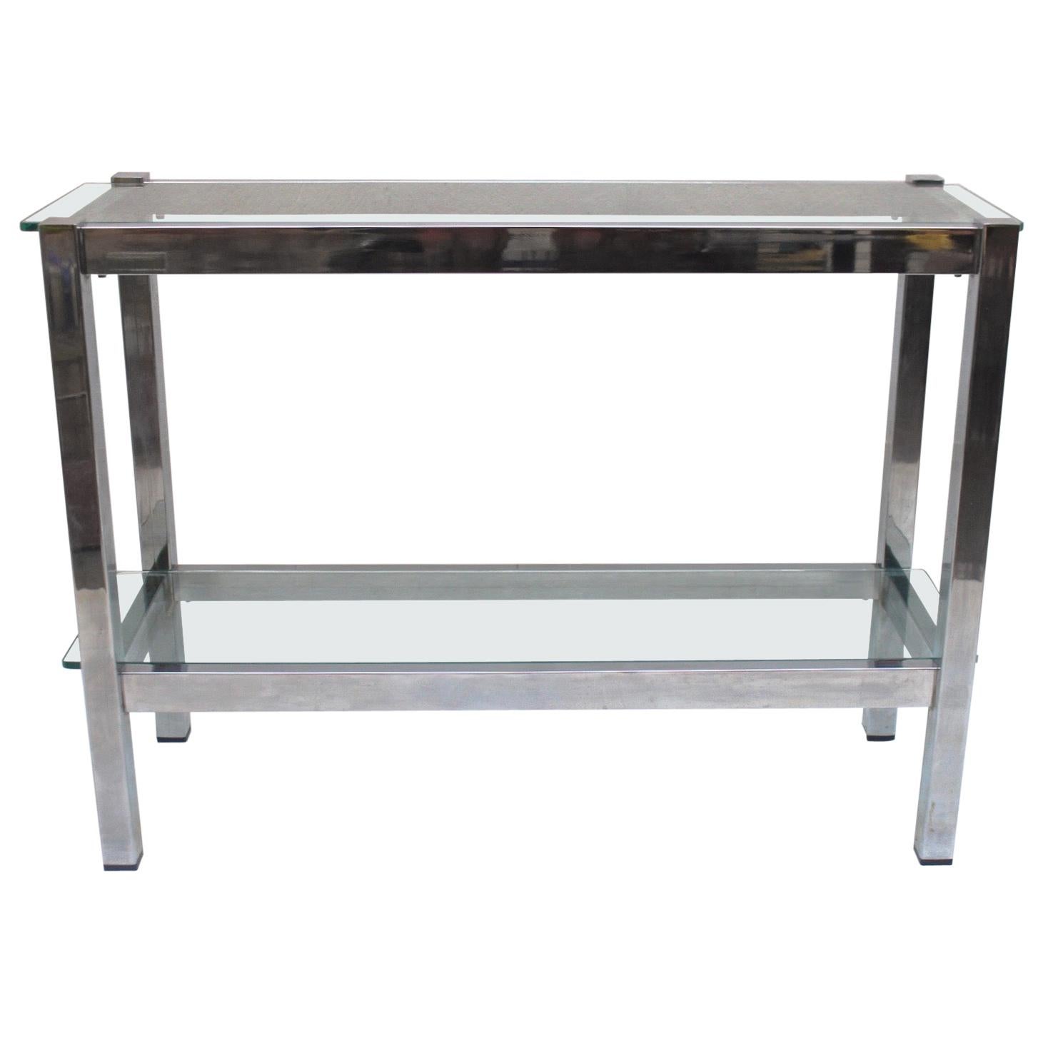 Minimalist Chrome 2-Tiered Glass Console Table, Italy, 1970s For Sale